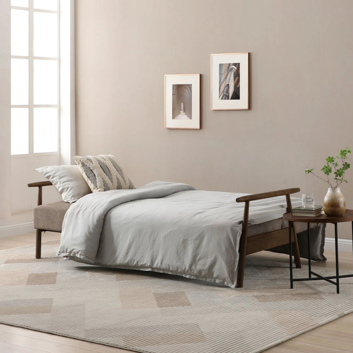 Berkeley Taupe Upholstered Wooden Sofa Bed – extended as a bed