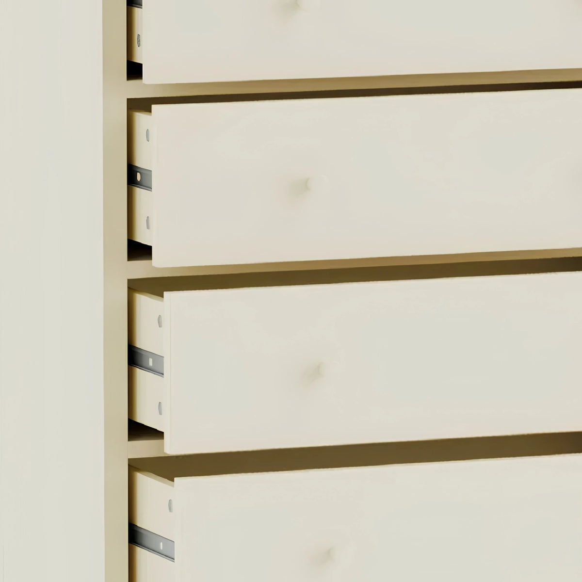 Coxmoor Ivory Wooden 5-Drawer Chest – drawer partially open showing side rails