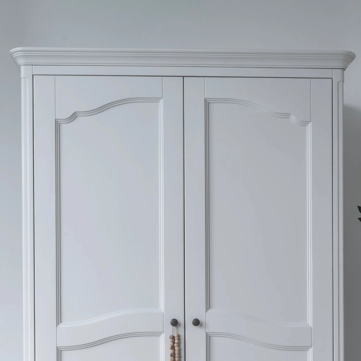 Amelie White Wooden 2-Door Combination Wardrobe – top and door detail close-up