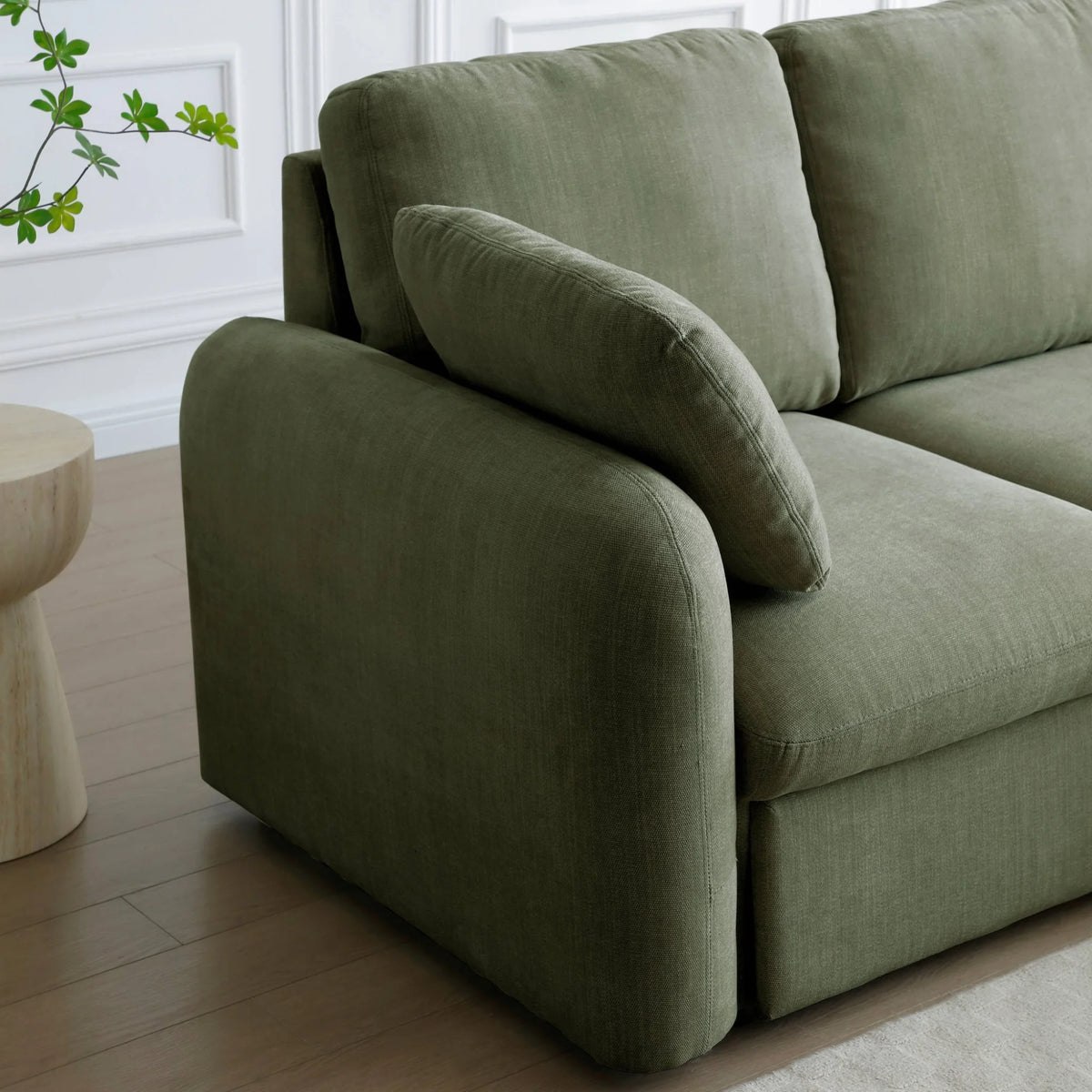 Mallory Olive Corner Sofa Bed – armrest and side profile detail