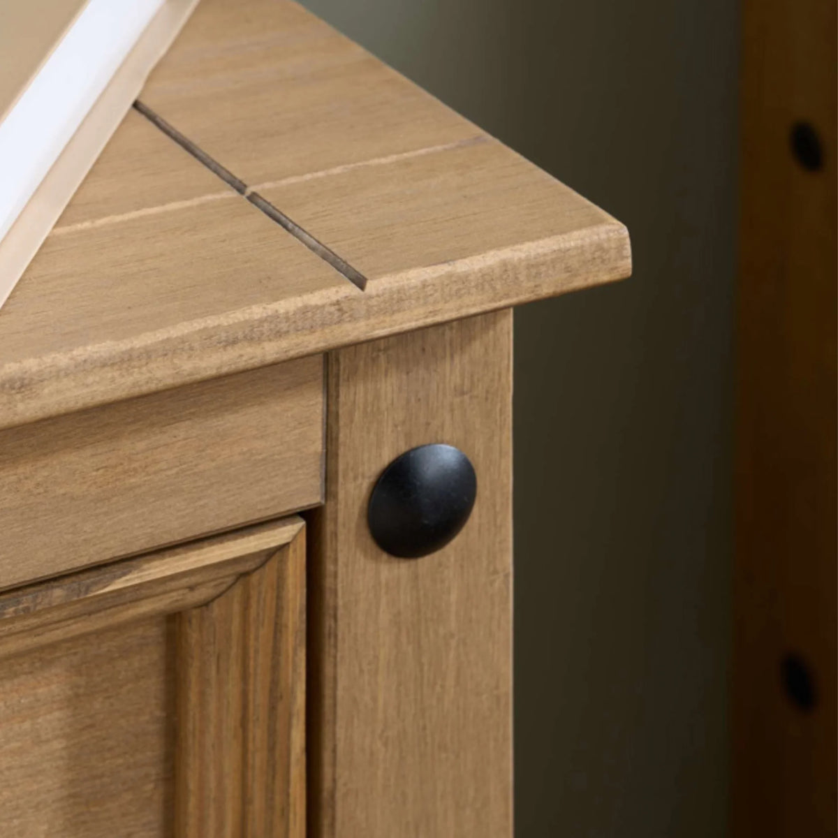 Corona Pine 3-Drawer Bedside Chest – top corner surface detail close-up