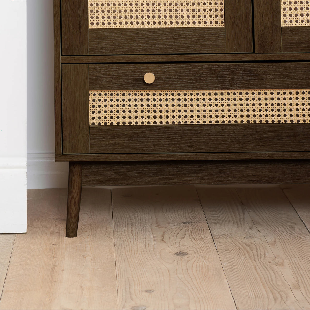 Croxley Walnut Rattan 2-Drawer Combination Wardrobe – leg and drawer detail close-up