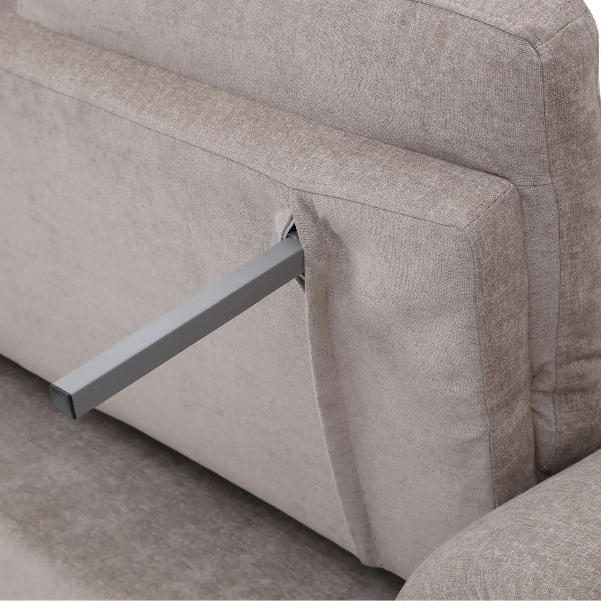 Beckett Taupe Chenille Sofa Bed – close-up of pull-out sleeper mechanism detail
