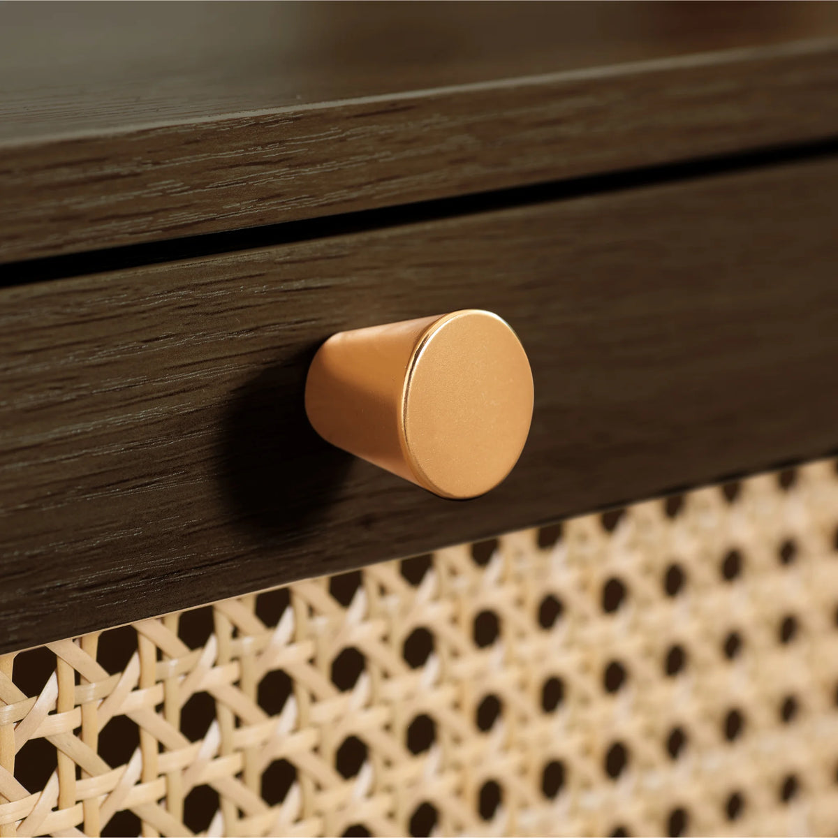 Croxley Walnut Rattan 5-Drawer Chest – drawer detail close-up showing gold knob 