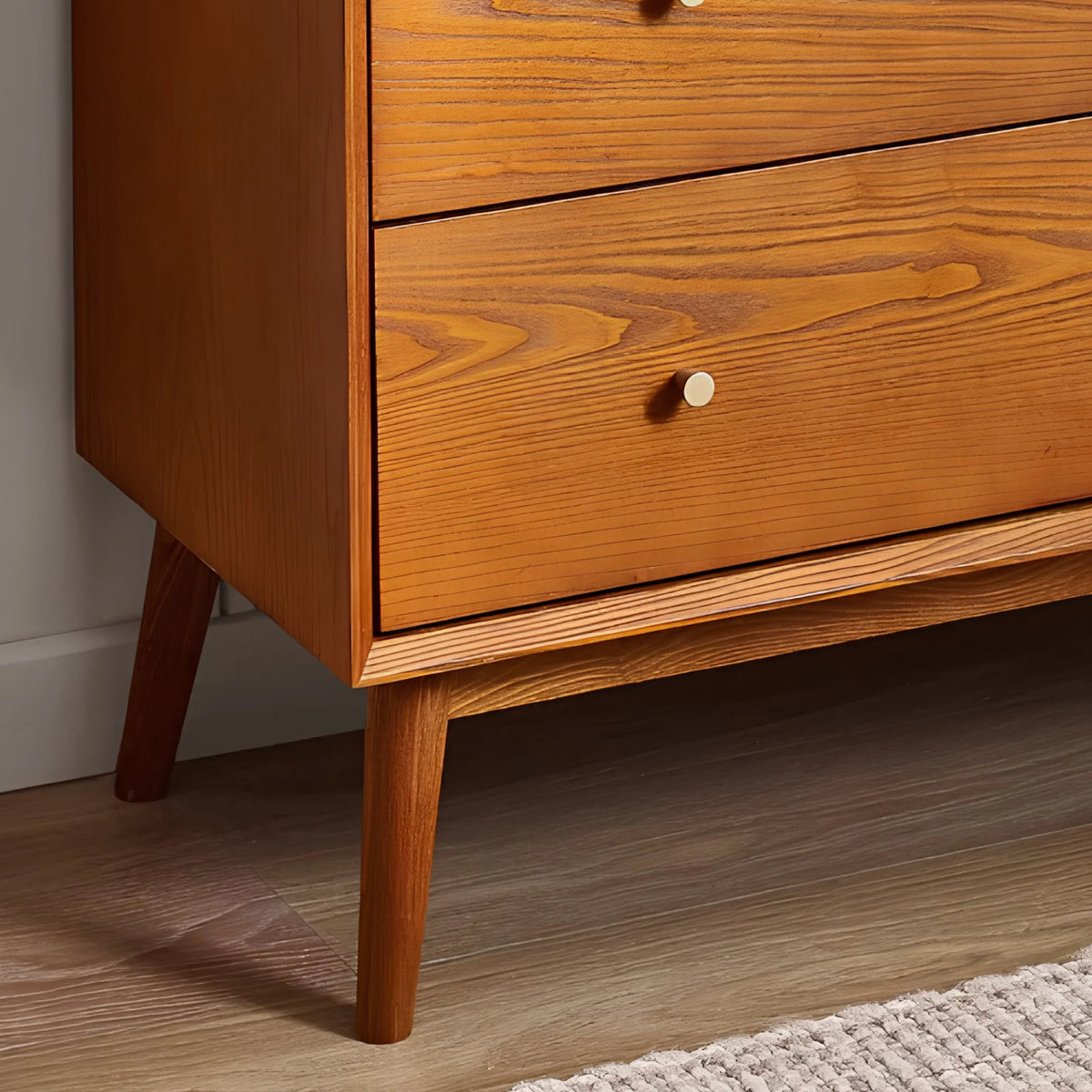 Lowry Cherry Ash 3-Drawer Chest – corner and leg detail close-up