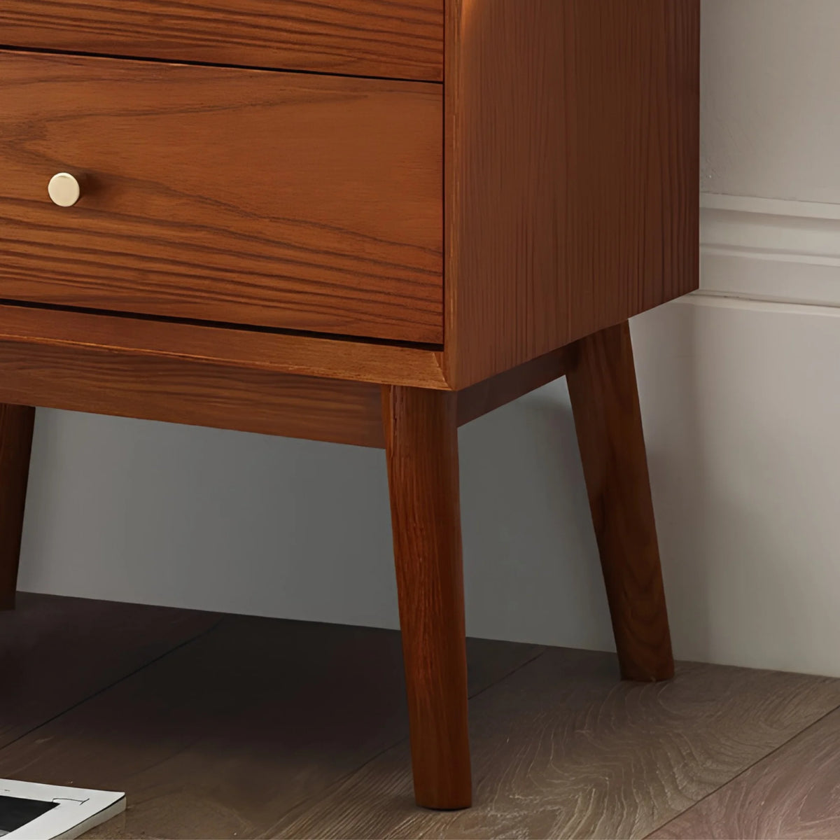 Lowry Cherry Ash 2-Drawer Bedside Table – corner and leg detail close-up