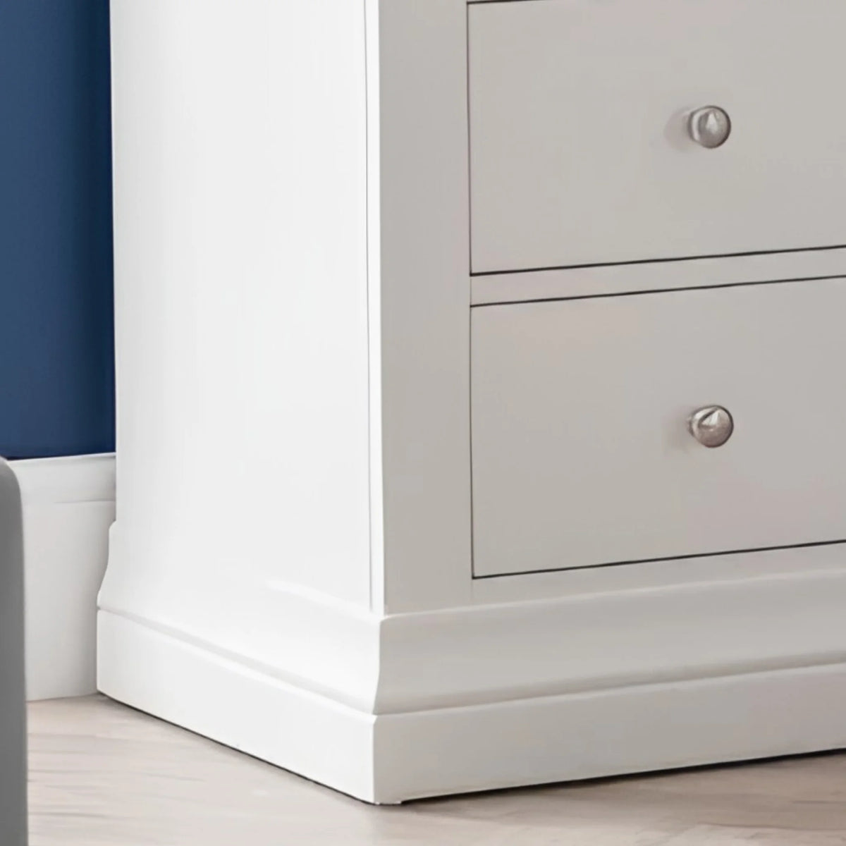 Clermont White Wooden 5-Drawer Chest – drawer and bottom corner detail close-up