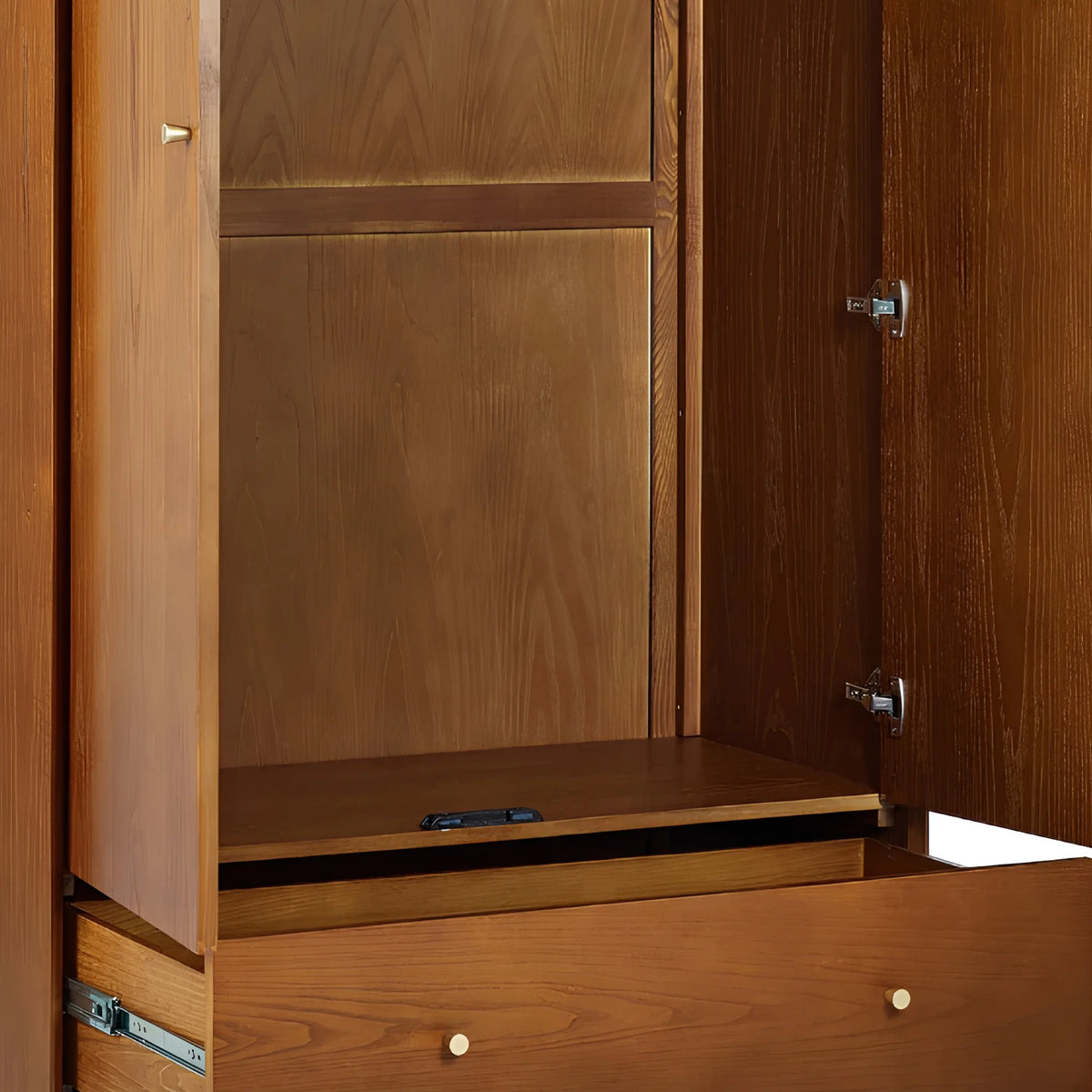 Lowry Cherry Ash 2-Drawer Combination Wardrobe – open door and drawer detail close-up 