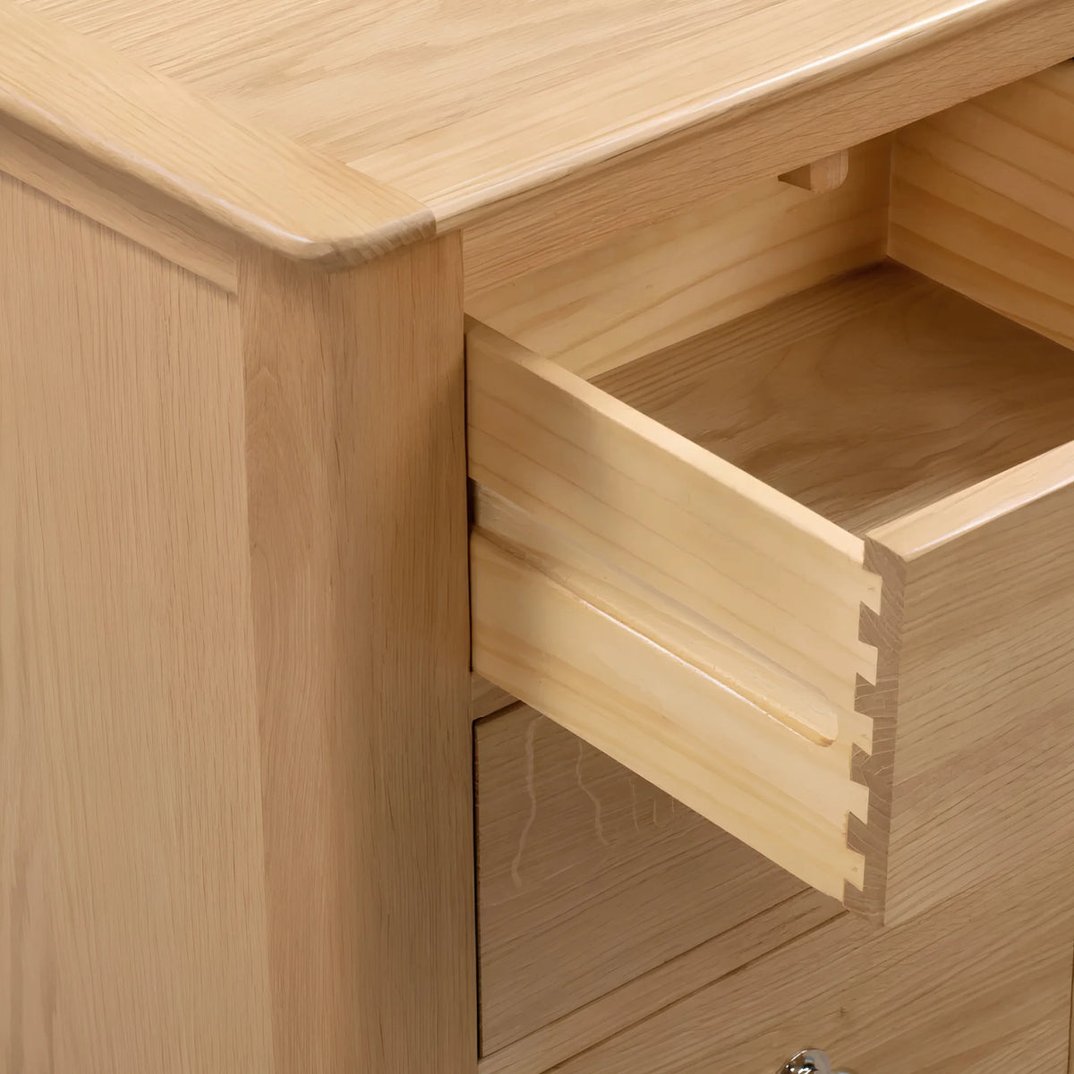 Cotswold Oak 3-Drawer Bedside Chest – open drawer detail close-up