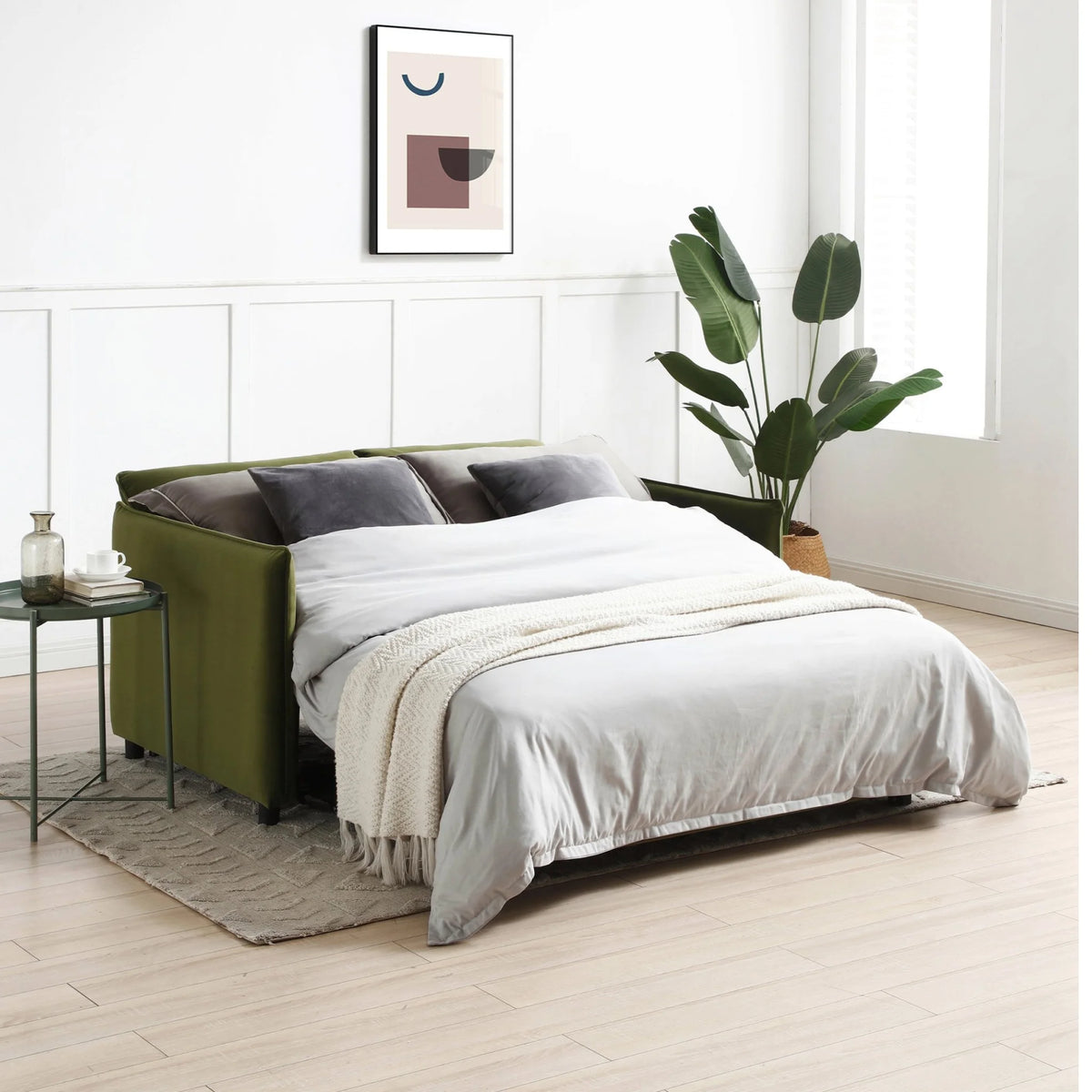 Blaire Olive Velvet Sofa Bed – extended as a bed