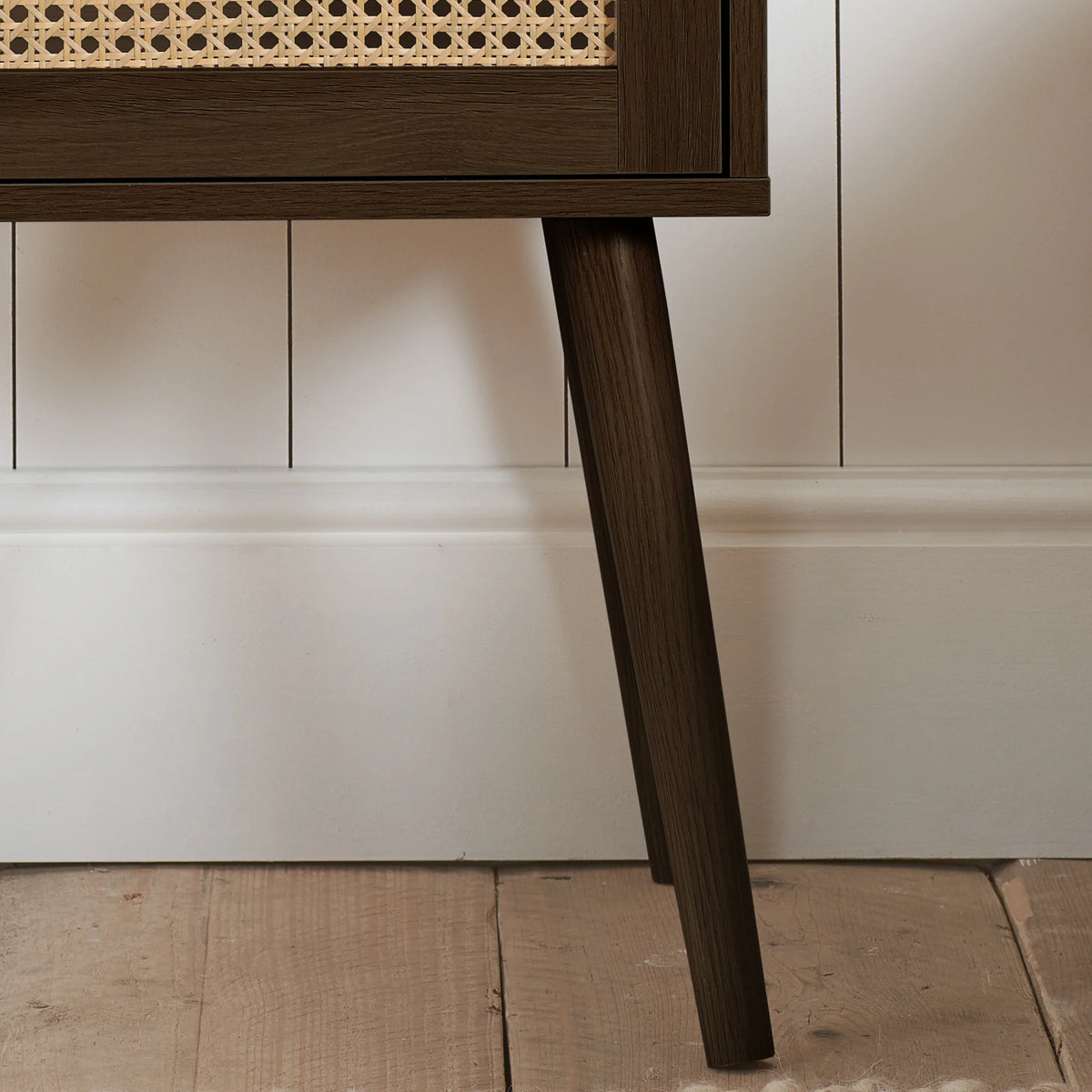 Croxley Walnut Rattan 1-Drawer Bedside Table – leg detail close-up showing tapered legs