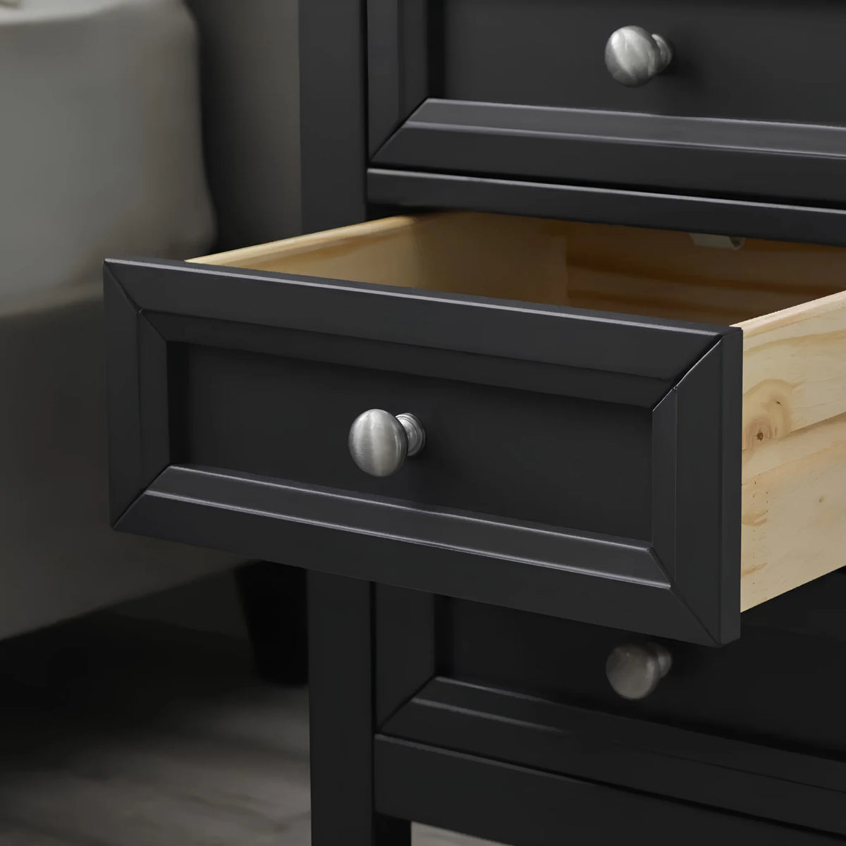Maine Dark Grey Wooden 3-Drawer Bedside Chest – open drawer detail close-up 