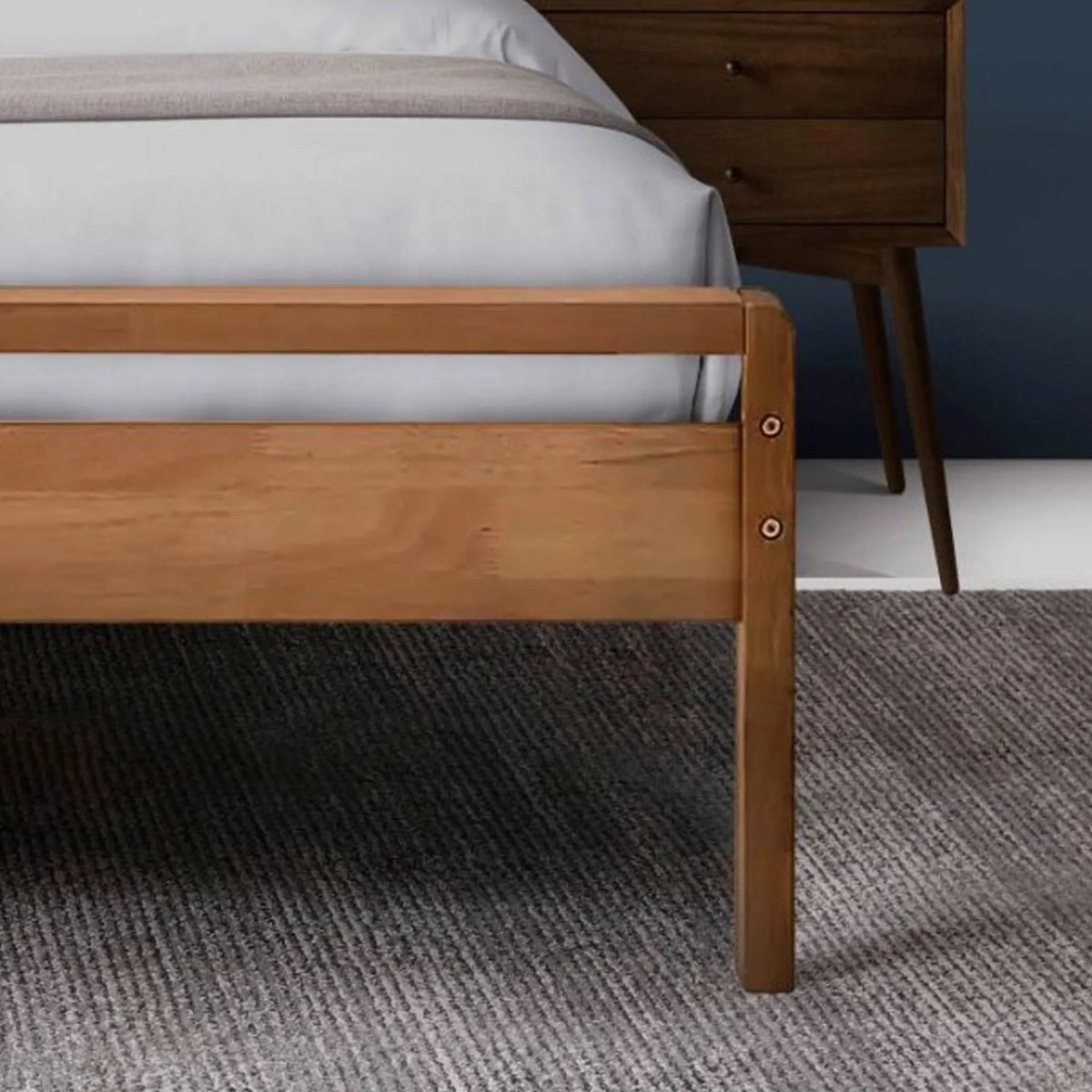 Skandi Wooden Bed – close-up of wooden footboard showing structural joinery detail