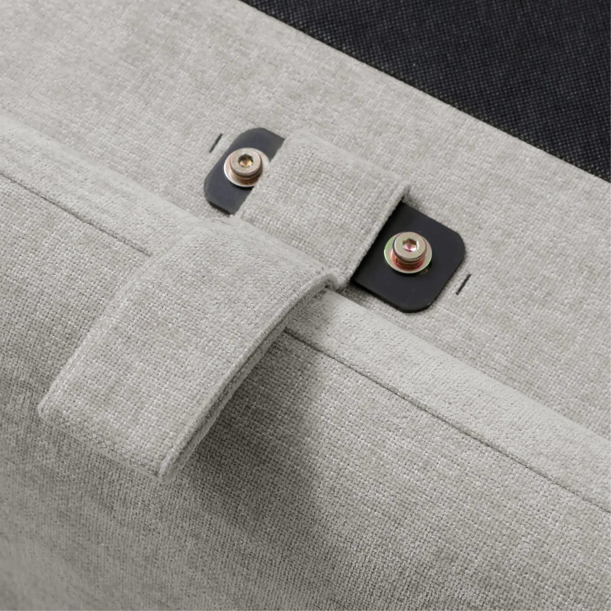 Asher Grey Chenille Ottoman Bed – close-up of pull-tab and mounting hardware