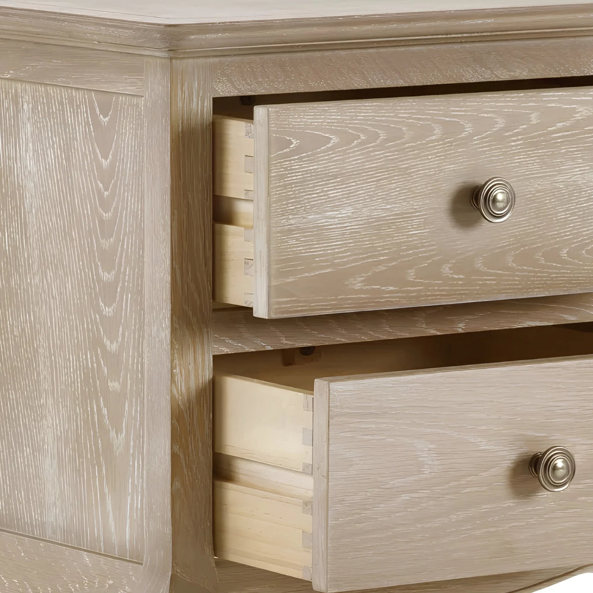 Camille Limed Oak 2-Drawer Bedside Chest – open drawer detail close-up