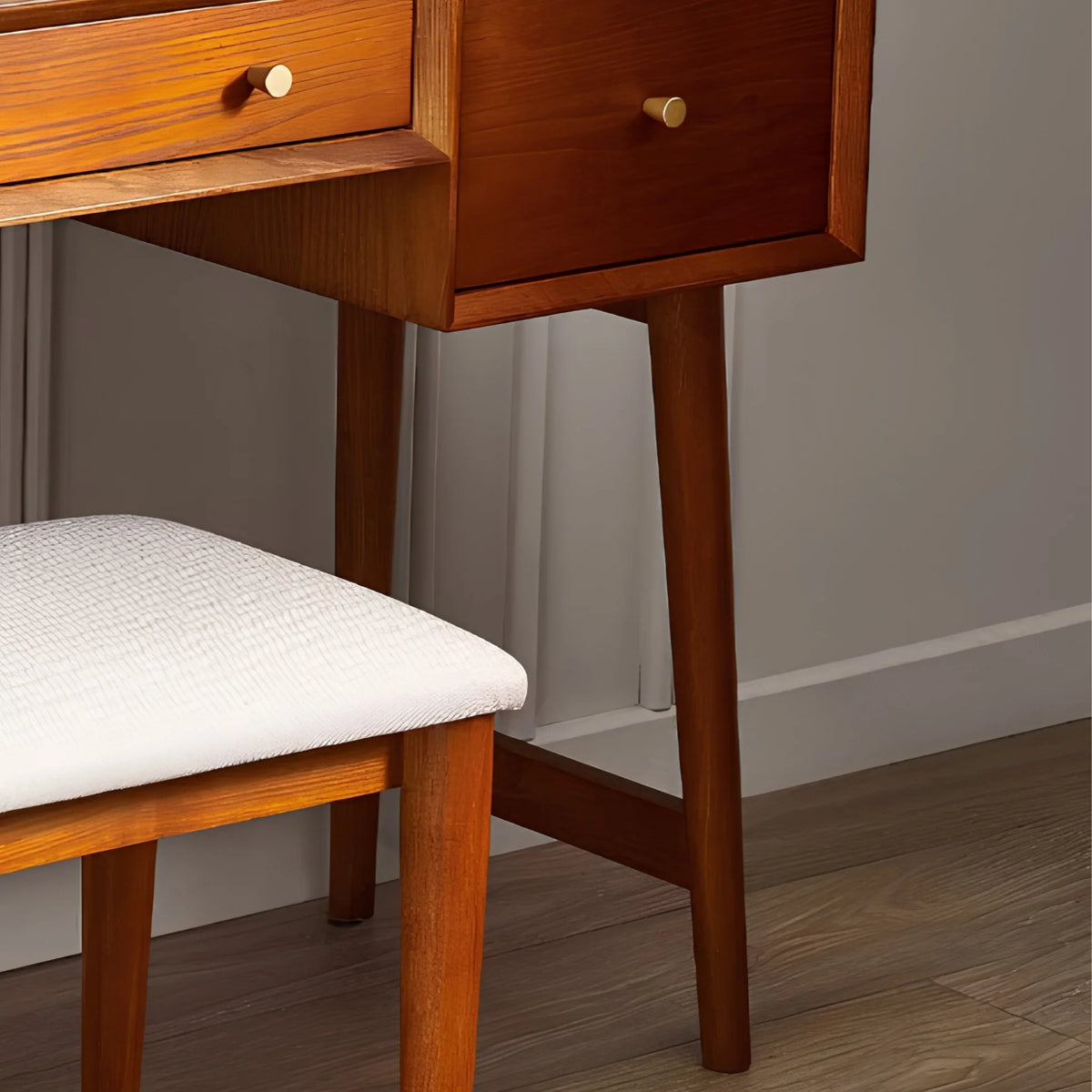 Lowry Cherry Ash 3-Drawer Dressing Table and Stool – corner, leg, and stool close-up