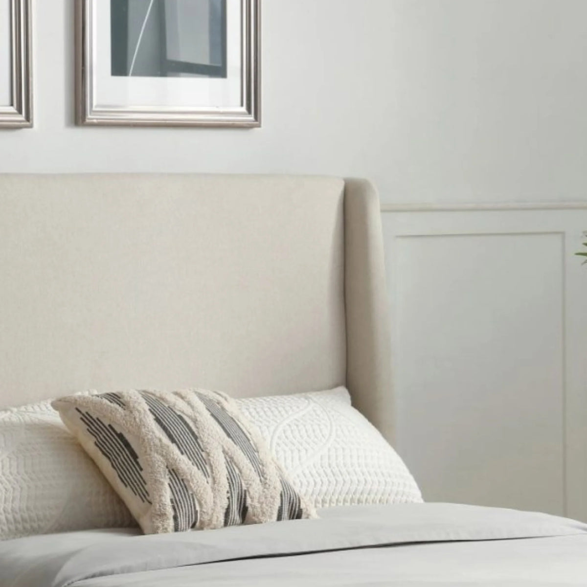 Denver Ivory Upholstered Bed – headboard corner detail showing fabric and design