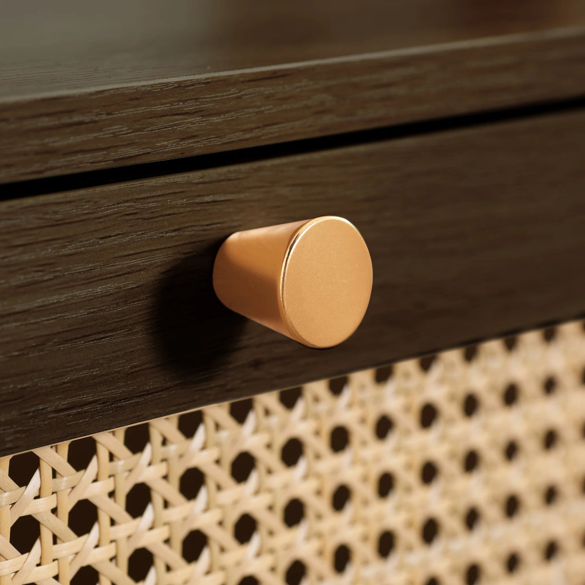 Croxley Walnut Rattan 2-Drawer Bedside Table – drawer handle detail close-up