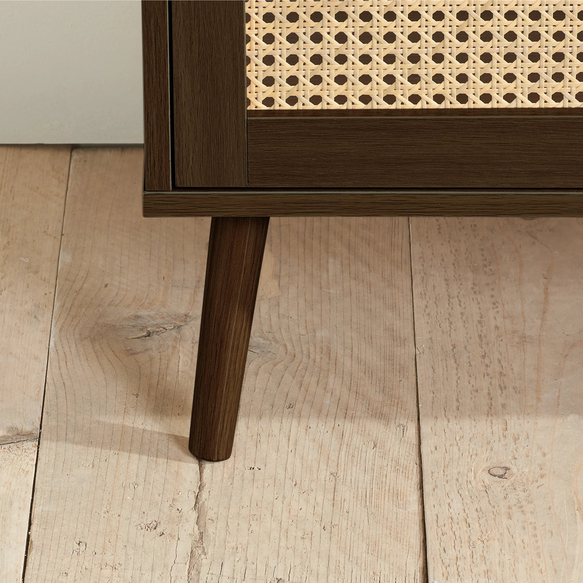 Croxley Walnut Rattan 7-Drawer Chest – leg and base detail close-up
