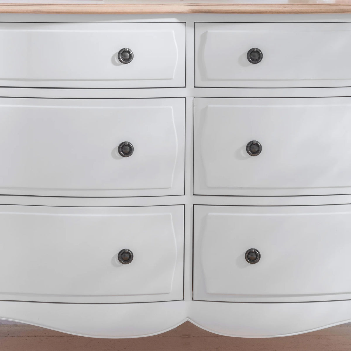 Amelie White Wooden 6-Drawer Chest – drawer front and handle detail close-up