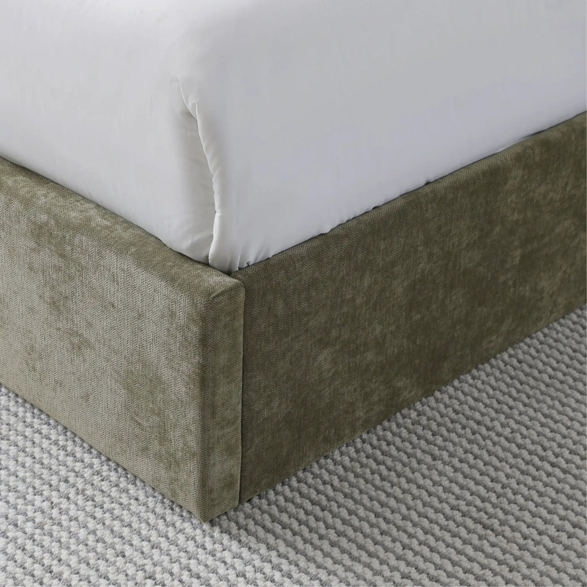 Denver Olive Upholstered Ottoman Bed – corner frame detail close-up