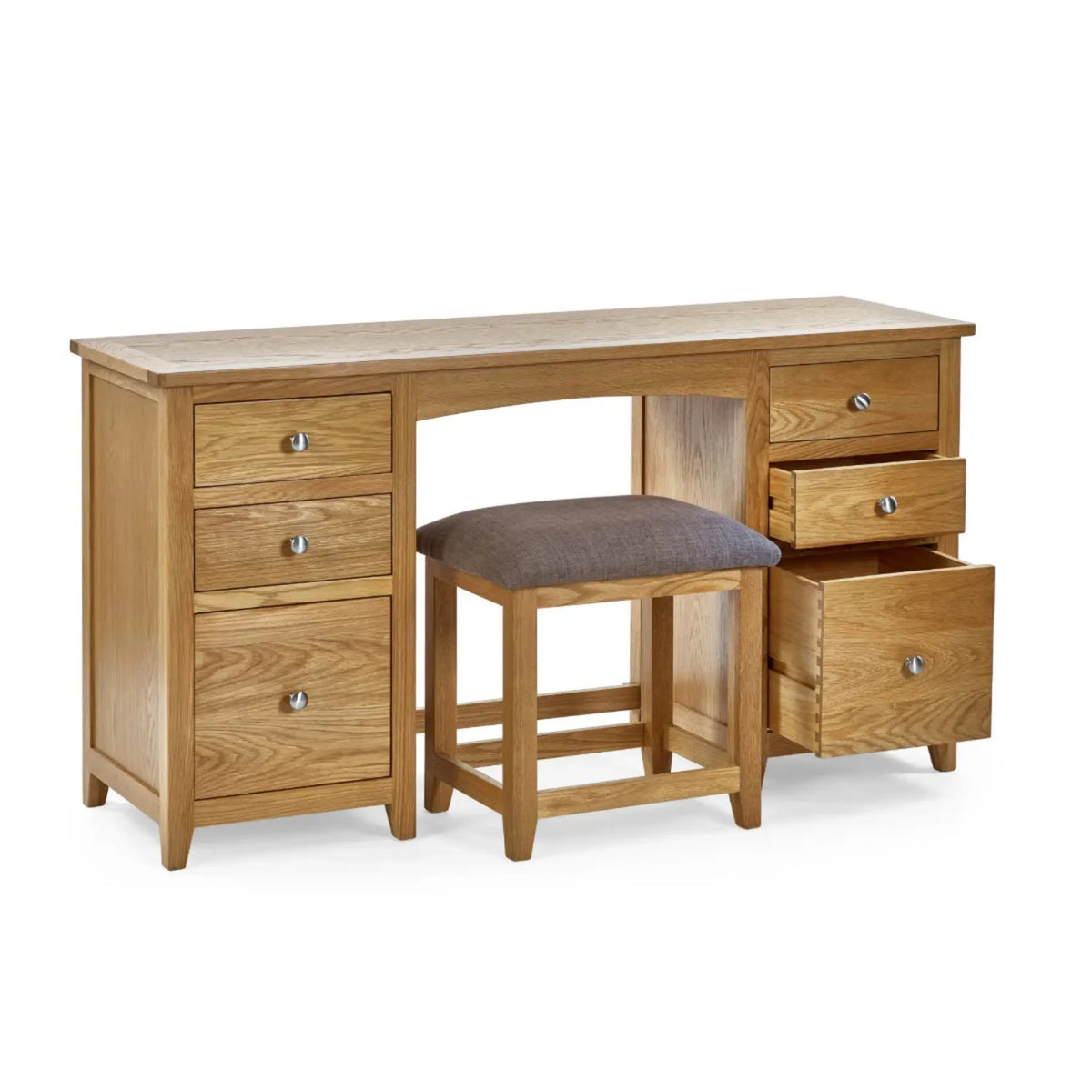 Mallory Oak 6-Drawer Dressing Table – side view of drawers open