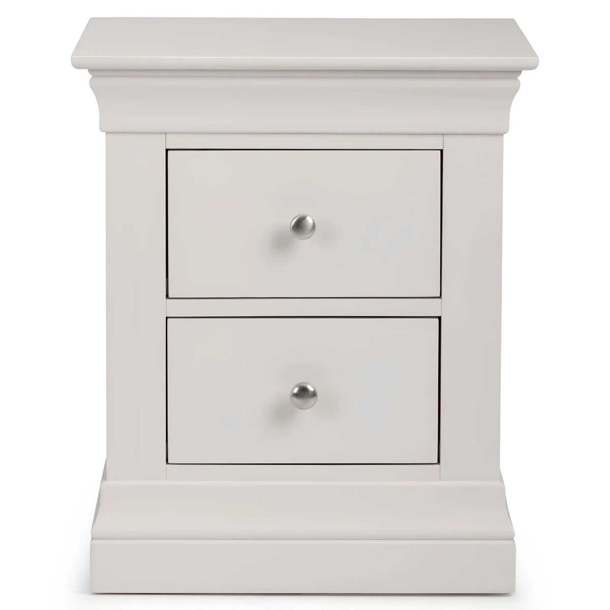 Clermont Grey Wooden 2-Drawer Bedside Chest – front view on white background
