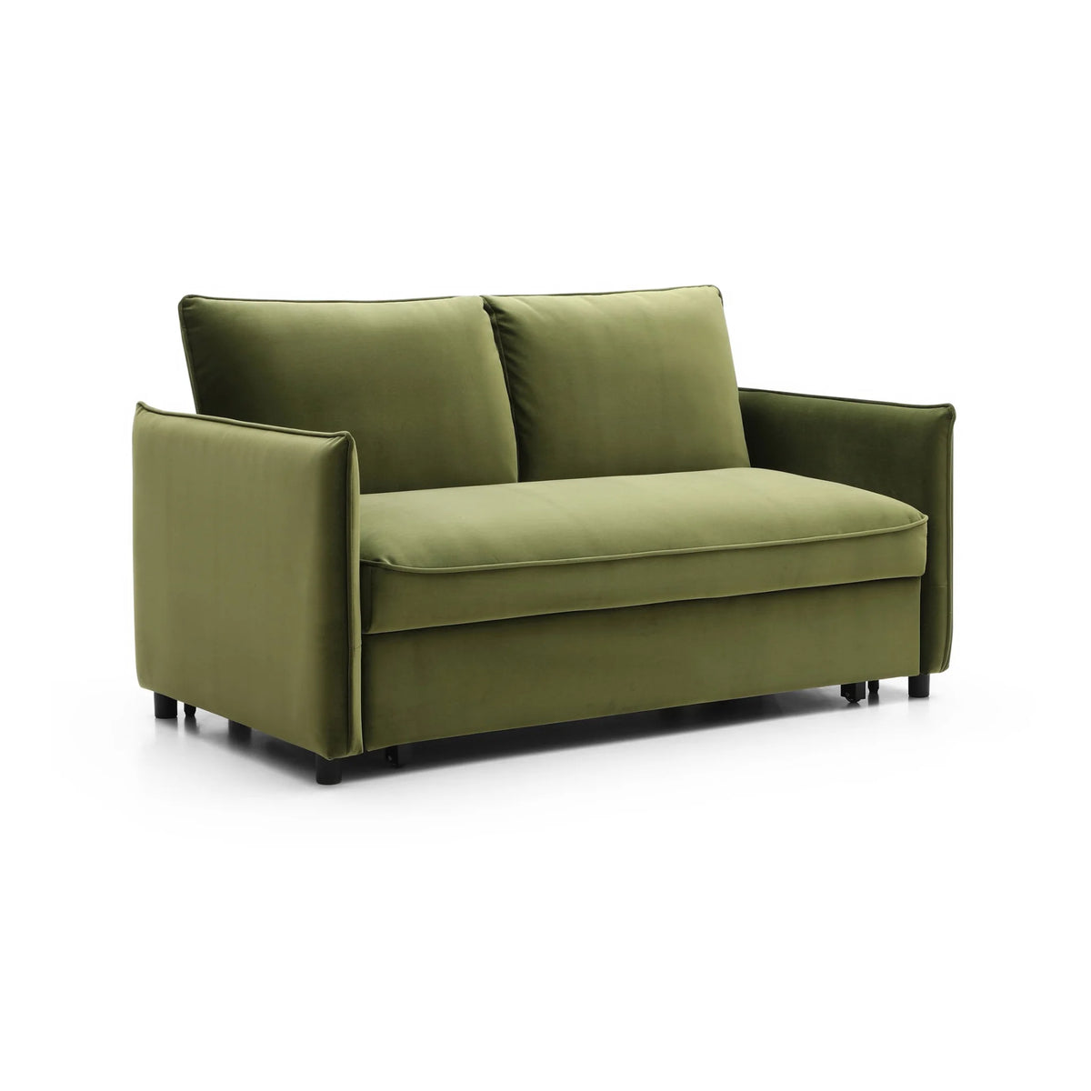 Blaire Olive Velvet Sofa Bed – studio front view on white background