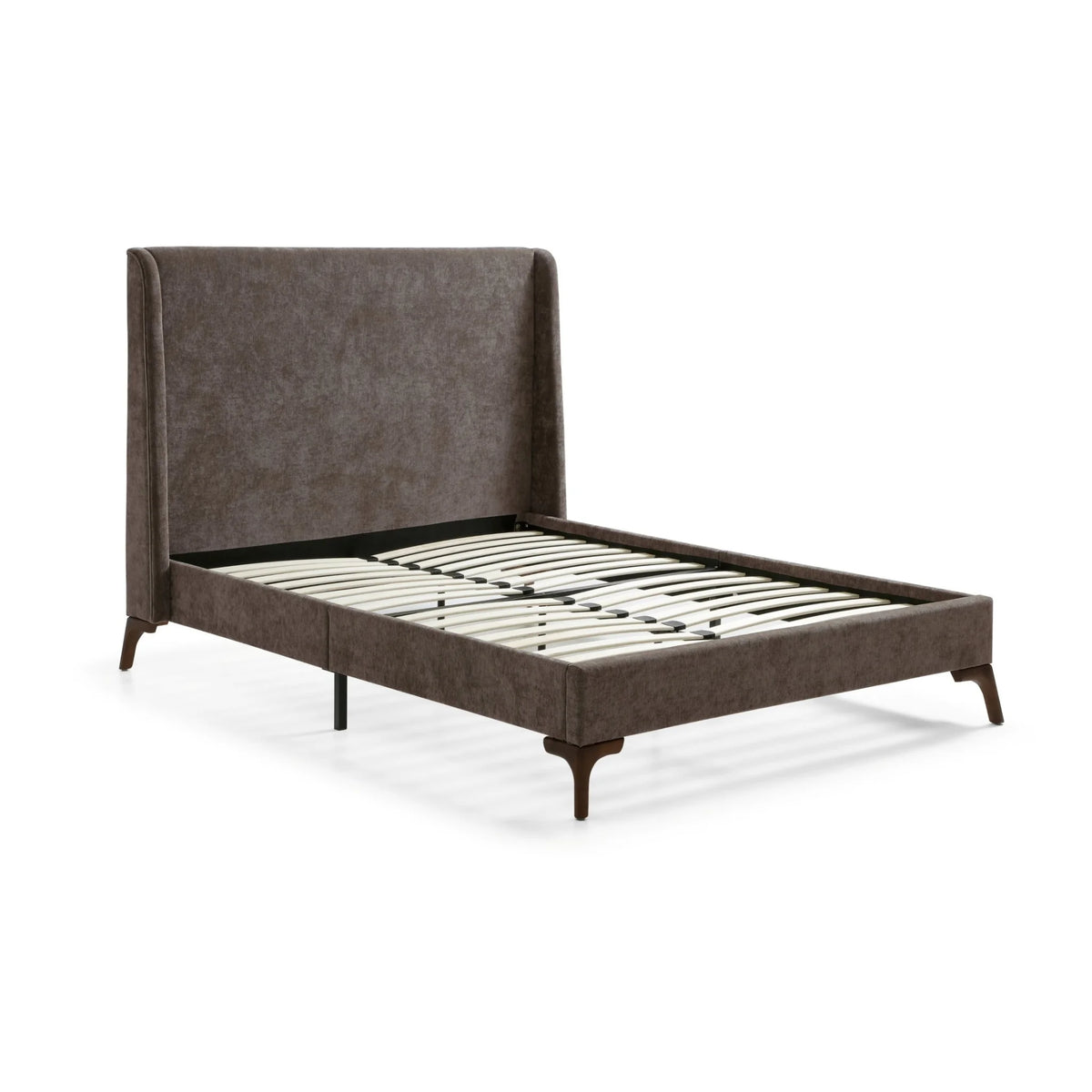 Denver Brown Chenille Bedfront three-quarter view showing frame and slats