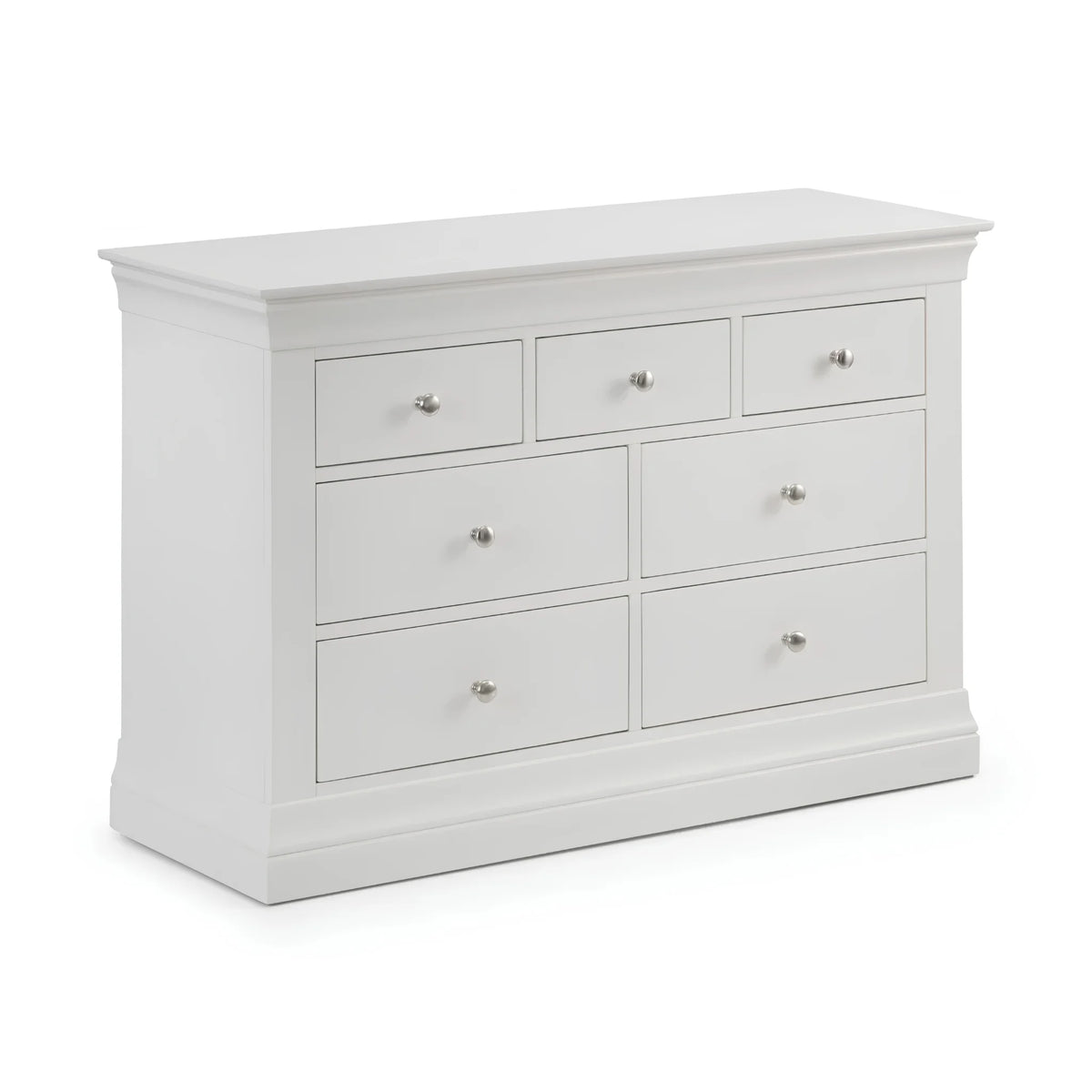 Clermont White Wooden 7-Drawer Chest – three-quarter front view on white background