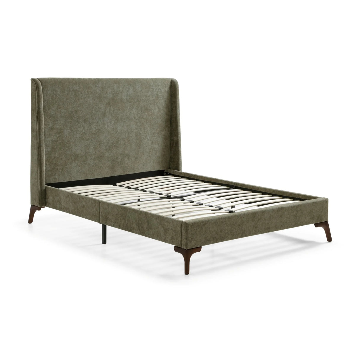 Denver Olive Chenille Bed – front three-quarter view showing frame and slats