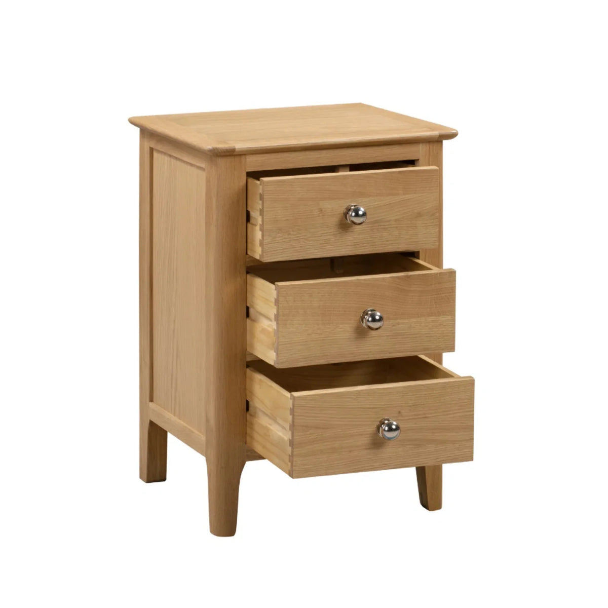 Cotswold Oak 3-Drawer Bedside Chest – front view with open drawers