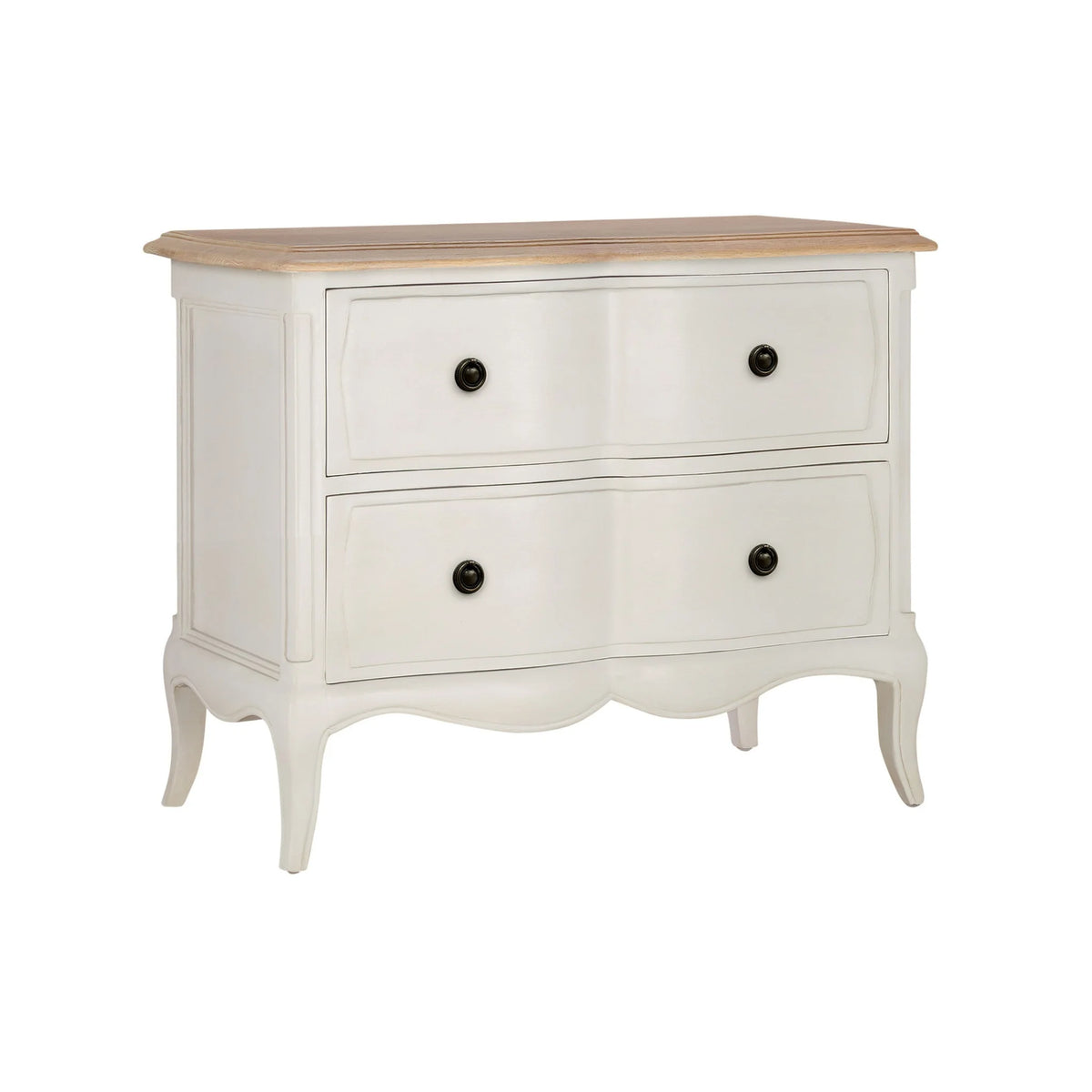 Amelie White Wooden 2-Drawer Bedside Chest – three-quarter front view on white background