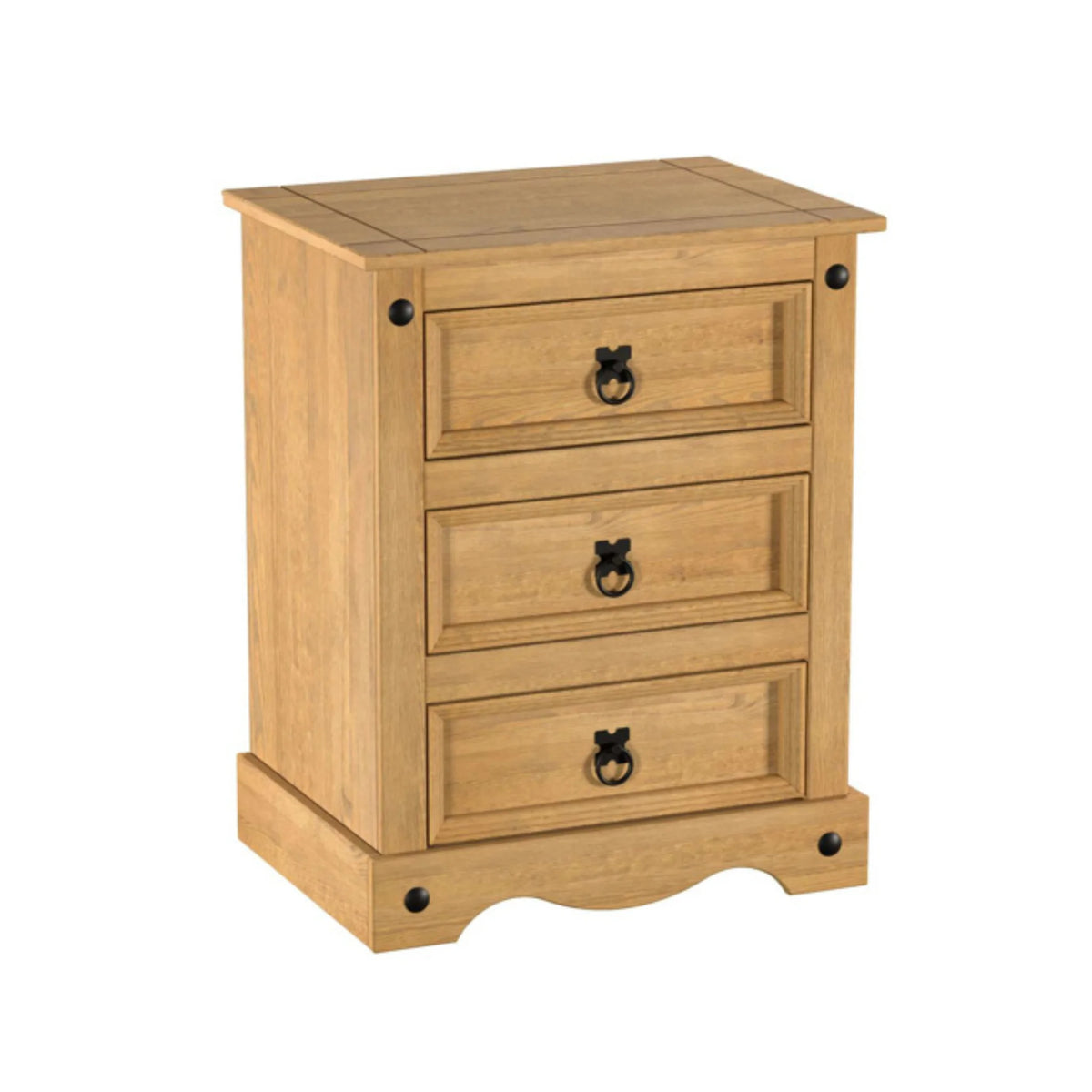 Corona Pine 3-Drawer Bedside Chest – studio front view on white background
