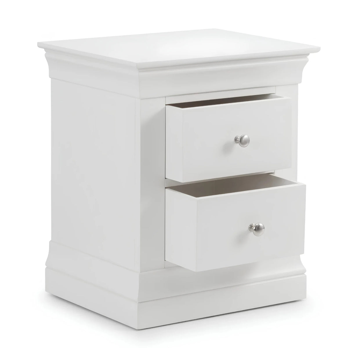 Clermont White Wooden 2-Drawer Bedside Chest – angled front view with open drawers