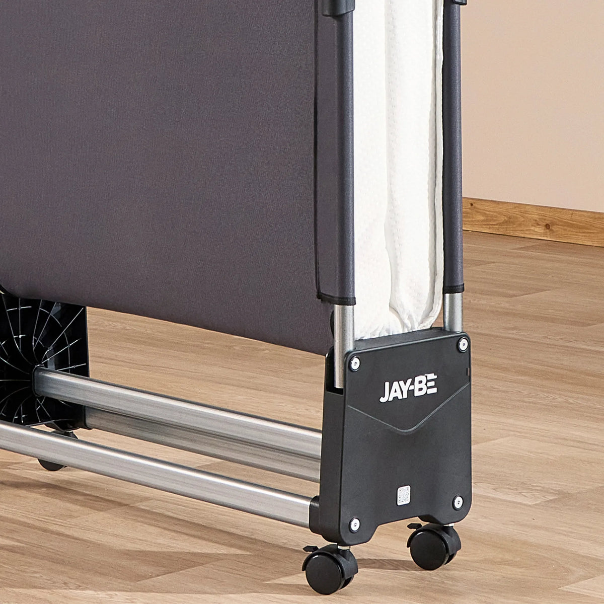Visitor Folding Bed with Essential Mattress – base and castor detail close-up