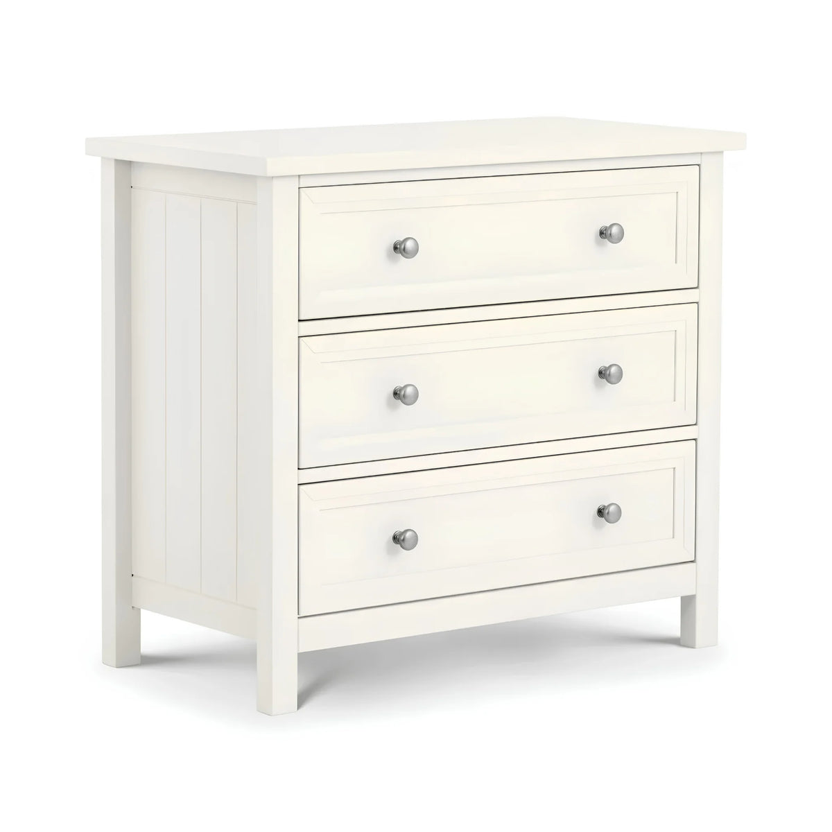 Maine White Wooden 3-Drawer Chest – three-quarter front view on white background