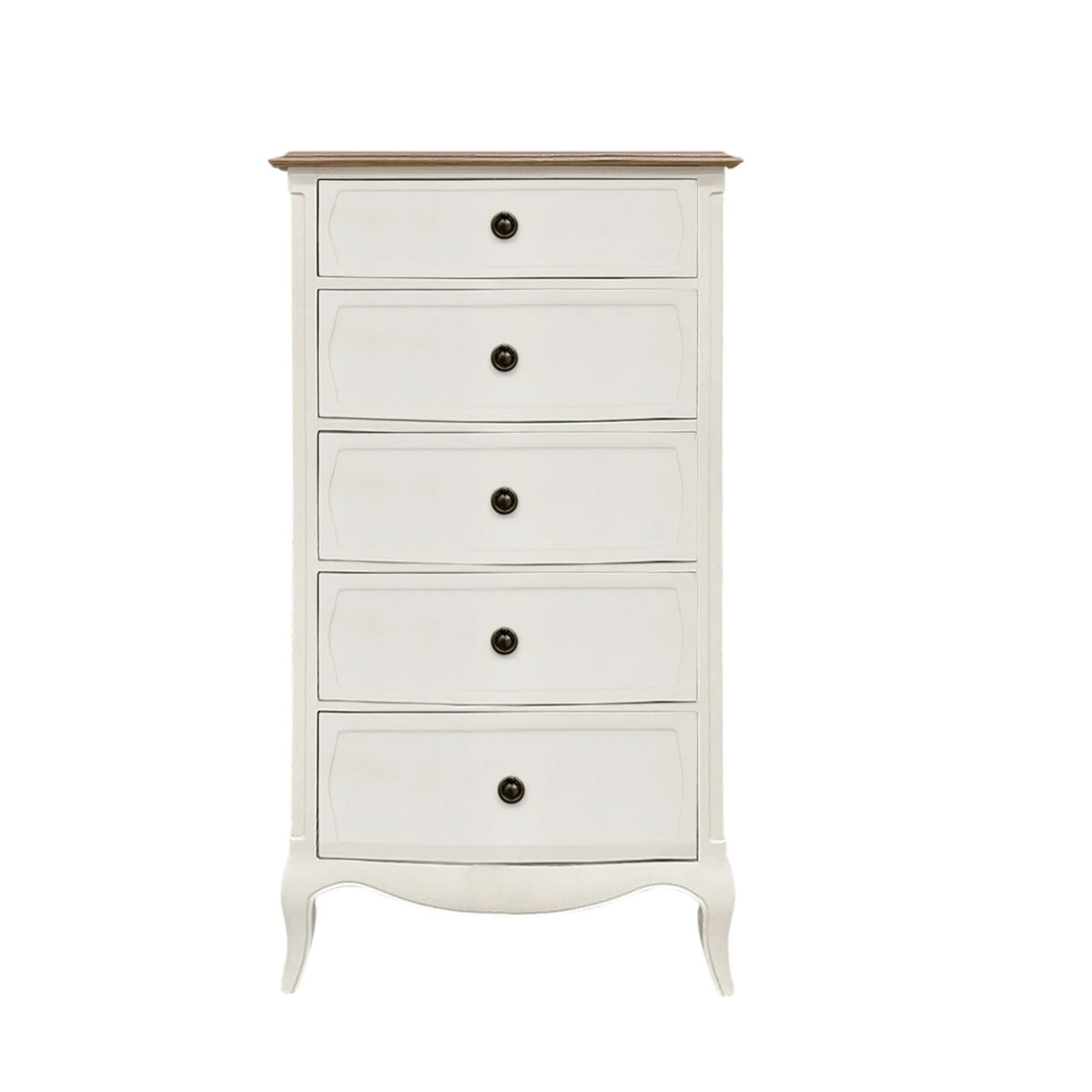 Amelie White Wooden 5-Drawer Tallboy – front view on white background