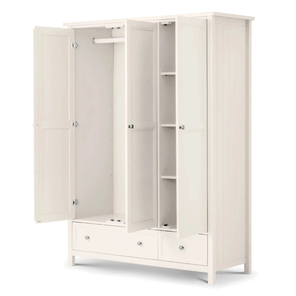 Maine White Wooden 3-Door Combination Wardrobe – view with open doors 