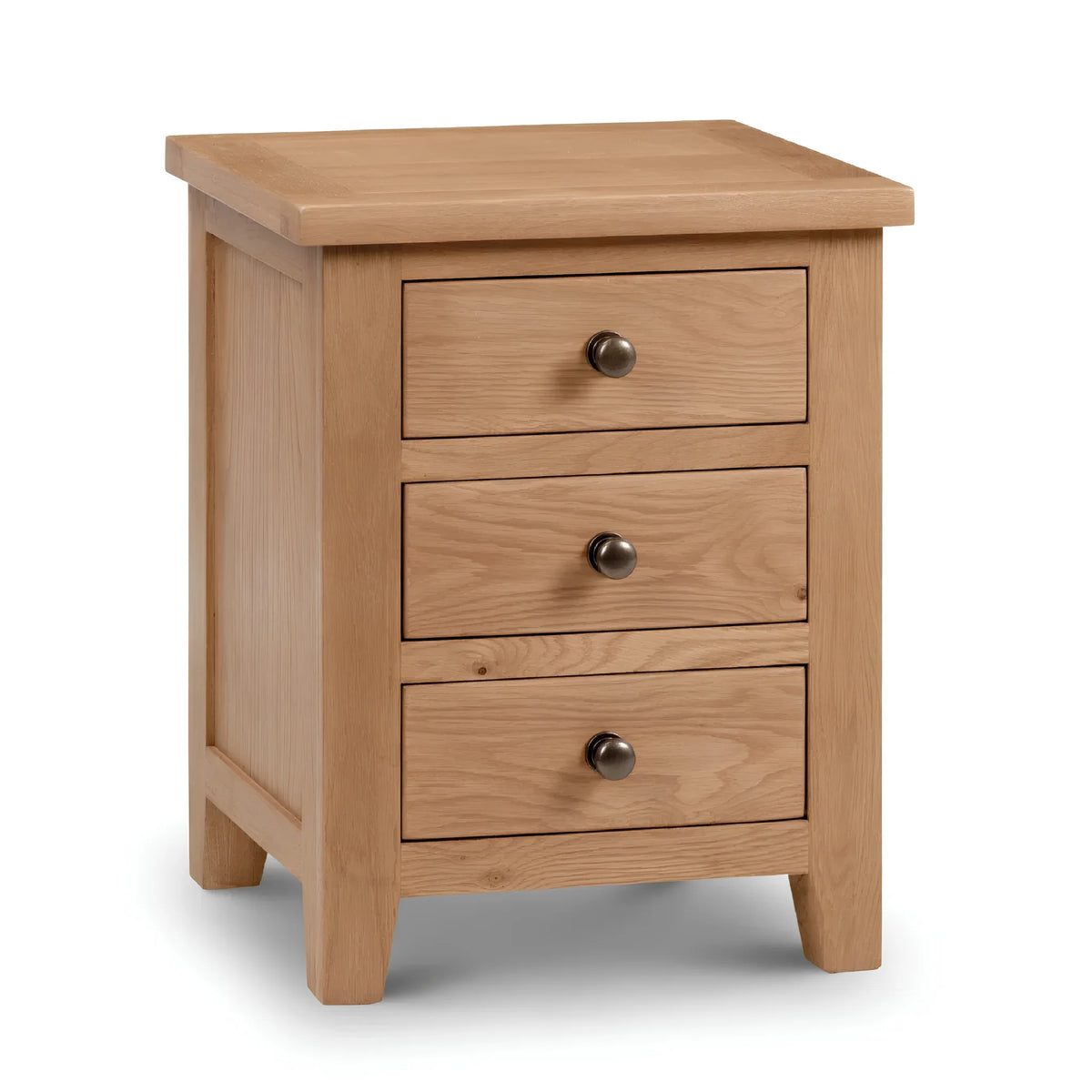 Marlborough Oak 3-Drawer Bedside Chest – angled front and side view