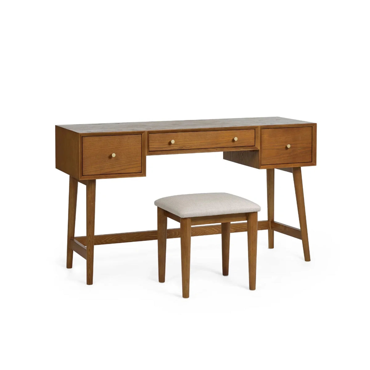 Lowry Cherry Ash 3-Drawer Dressing Table and Stool – angled front and side view