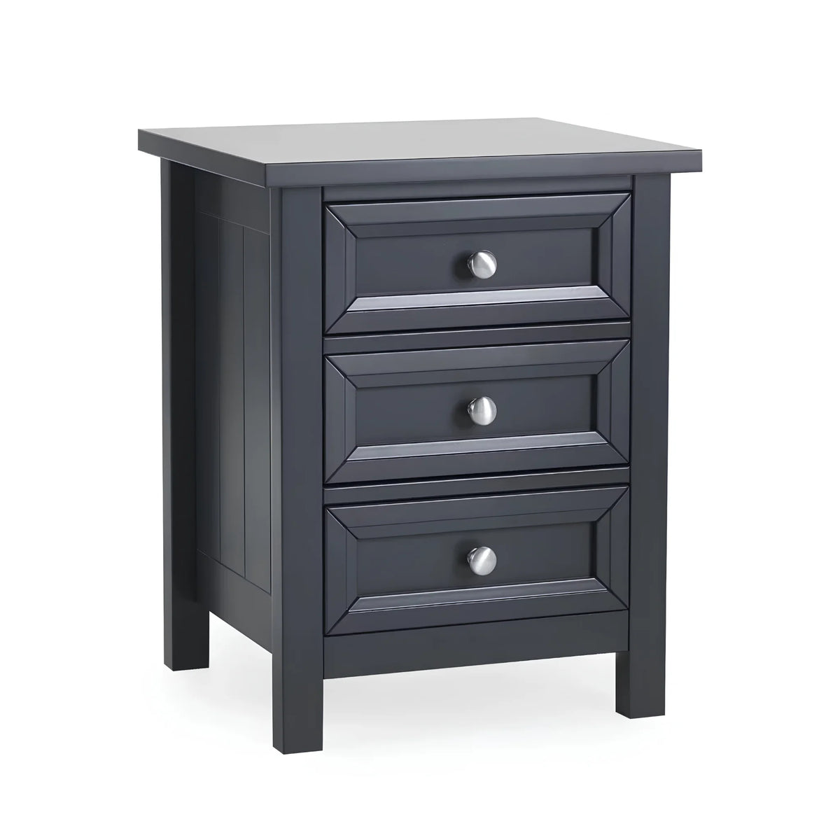 Maine Dark Grey Wooden 3-Drawer Bedside Chest – three-quarter front view on white background