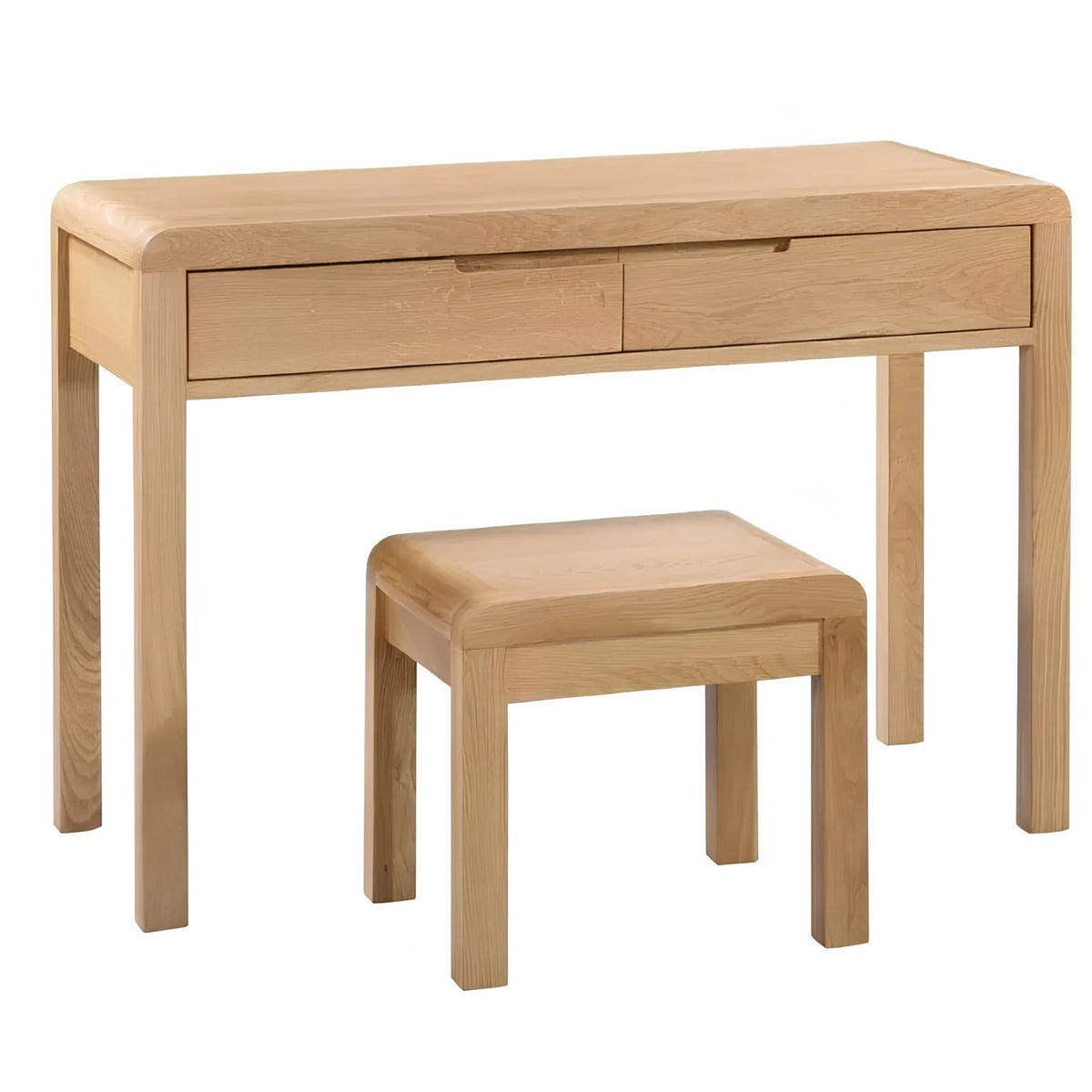 Curve Oak 2-Drawer Dressing Table and Stool – angled front and side view