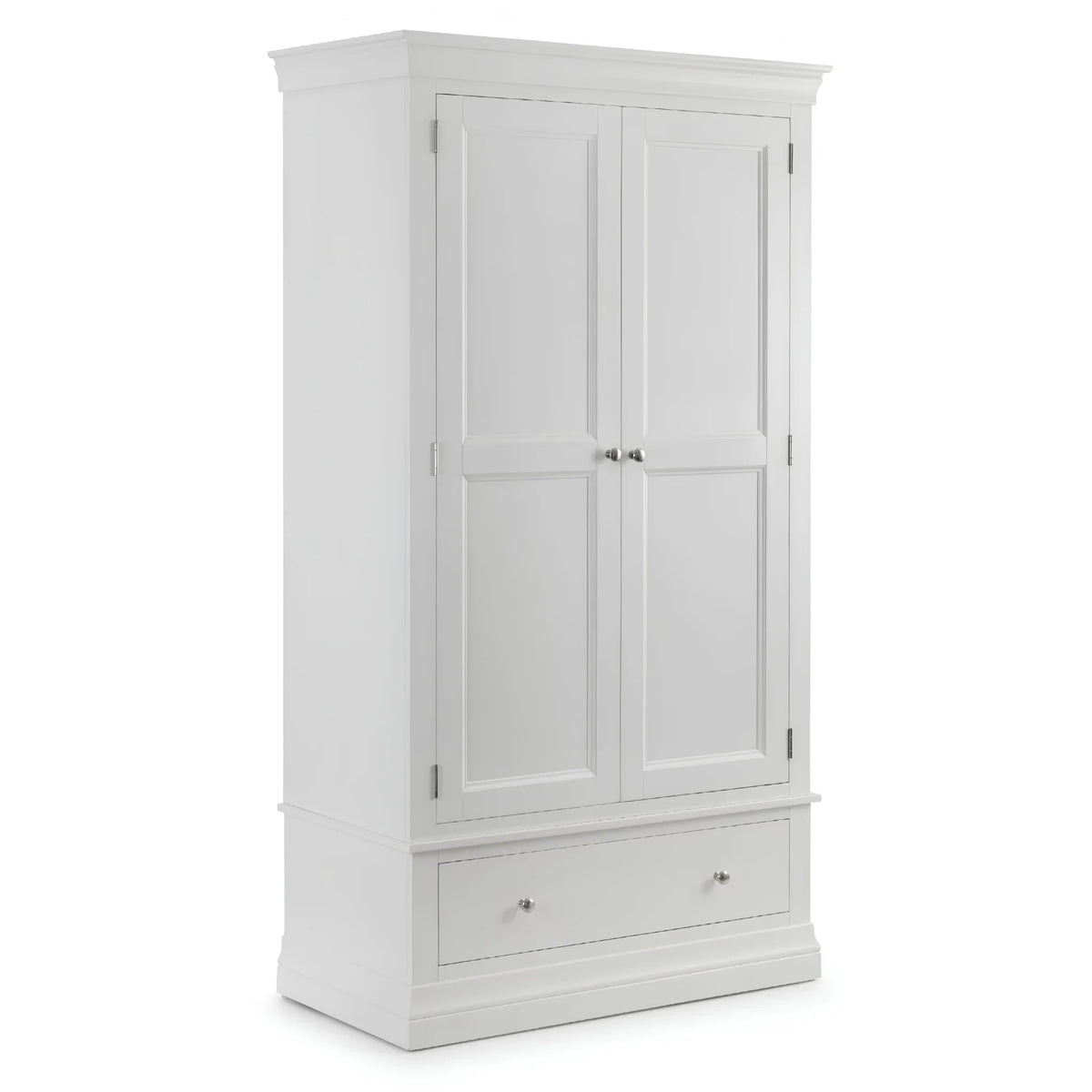 Clermont White Wooden 2-Door Combination Wardrobe – front view with closed doors and drawer