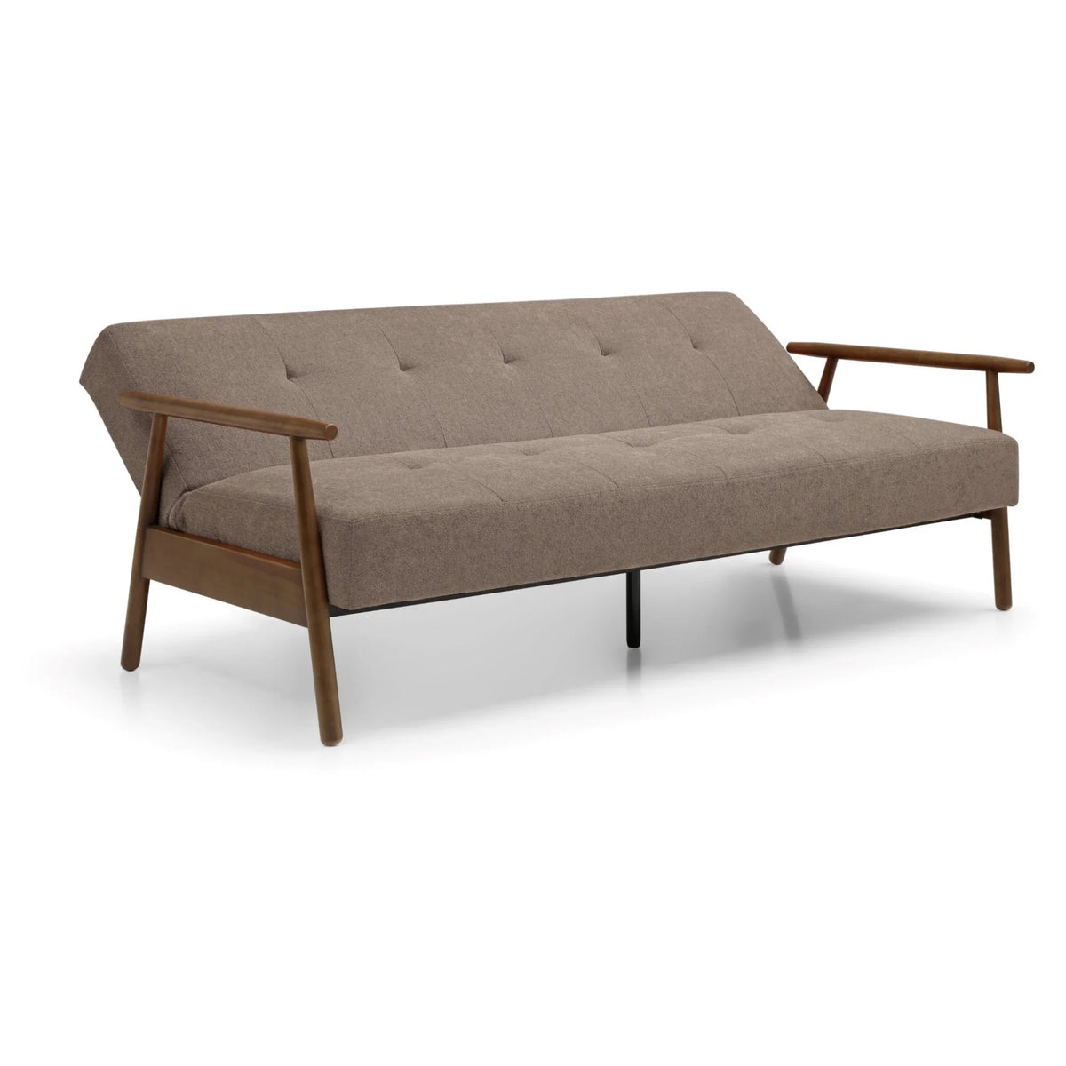 erkeley Taupe Upholstered Wooden Sofa Bed – studio front view on white background