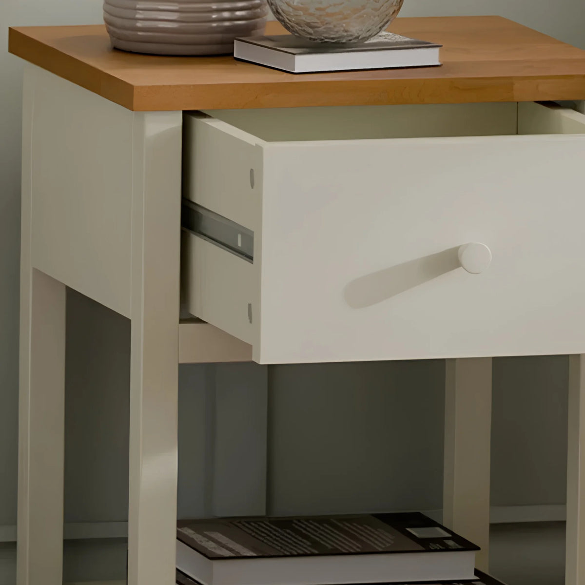 Coxmoor Ivory Wooden 1-Drawer Bedside Table – drawer open view