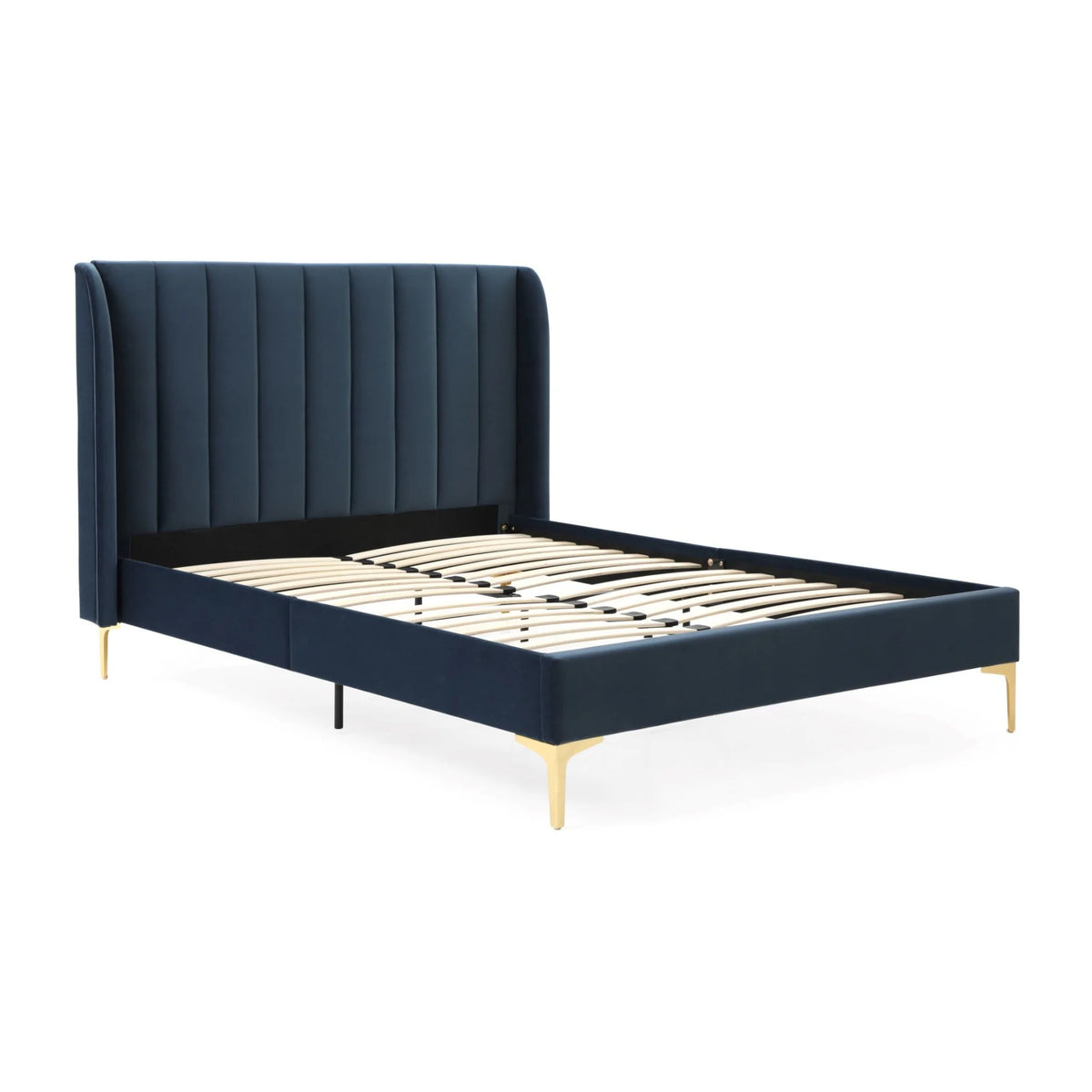 Avery Navy Velvet Bed – full frame with slats view