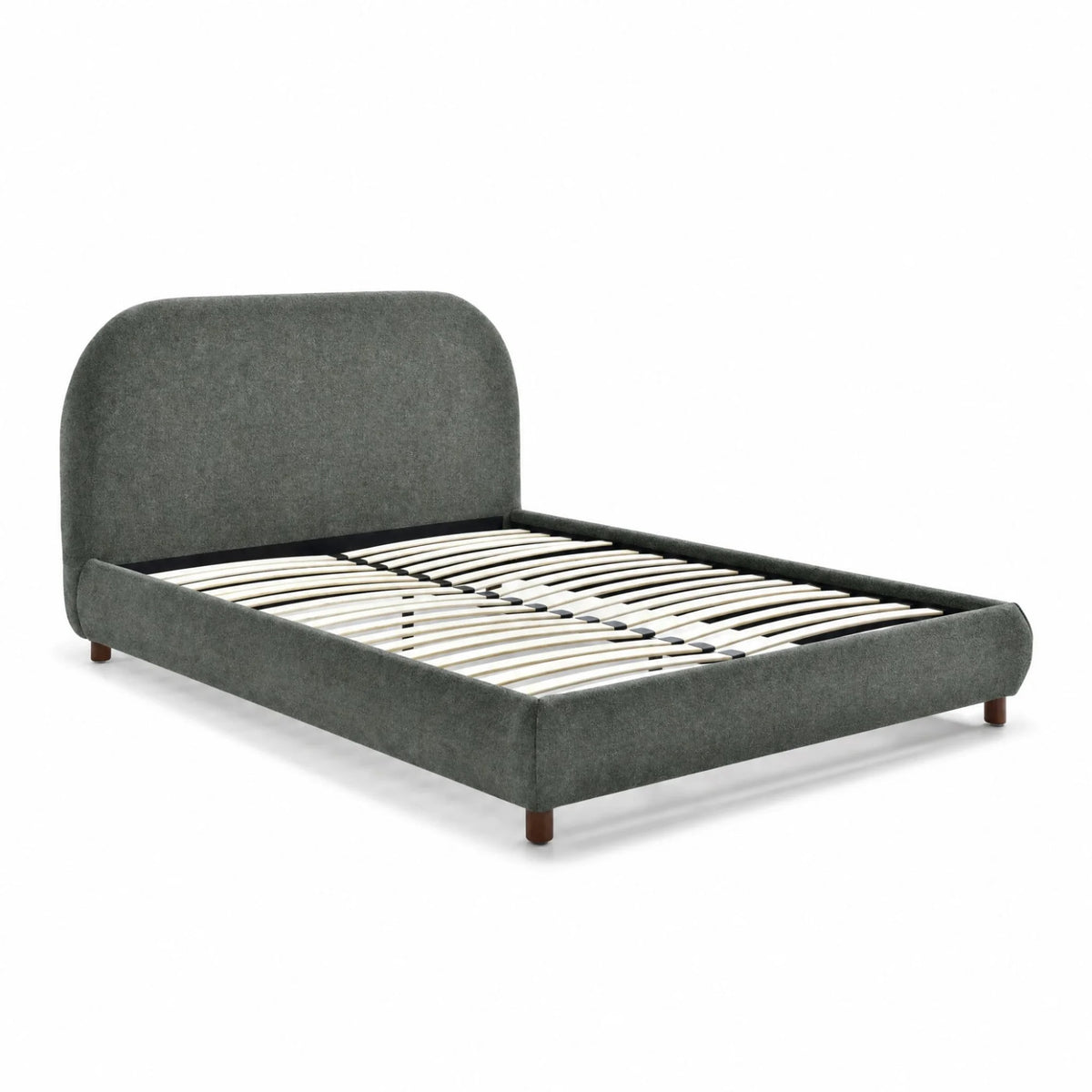Nora Olive Bouclé Bed – studio view showing wooden slatted base