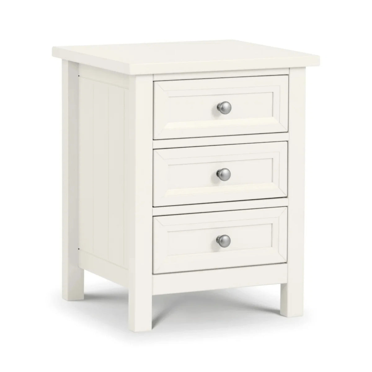 Maine White Wooden 3-Drawer Bedside Chest – angled front and side view