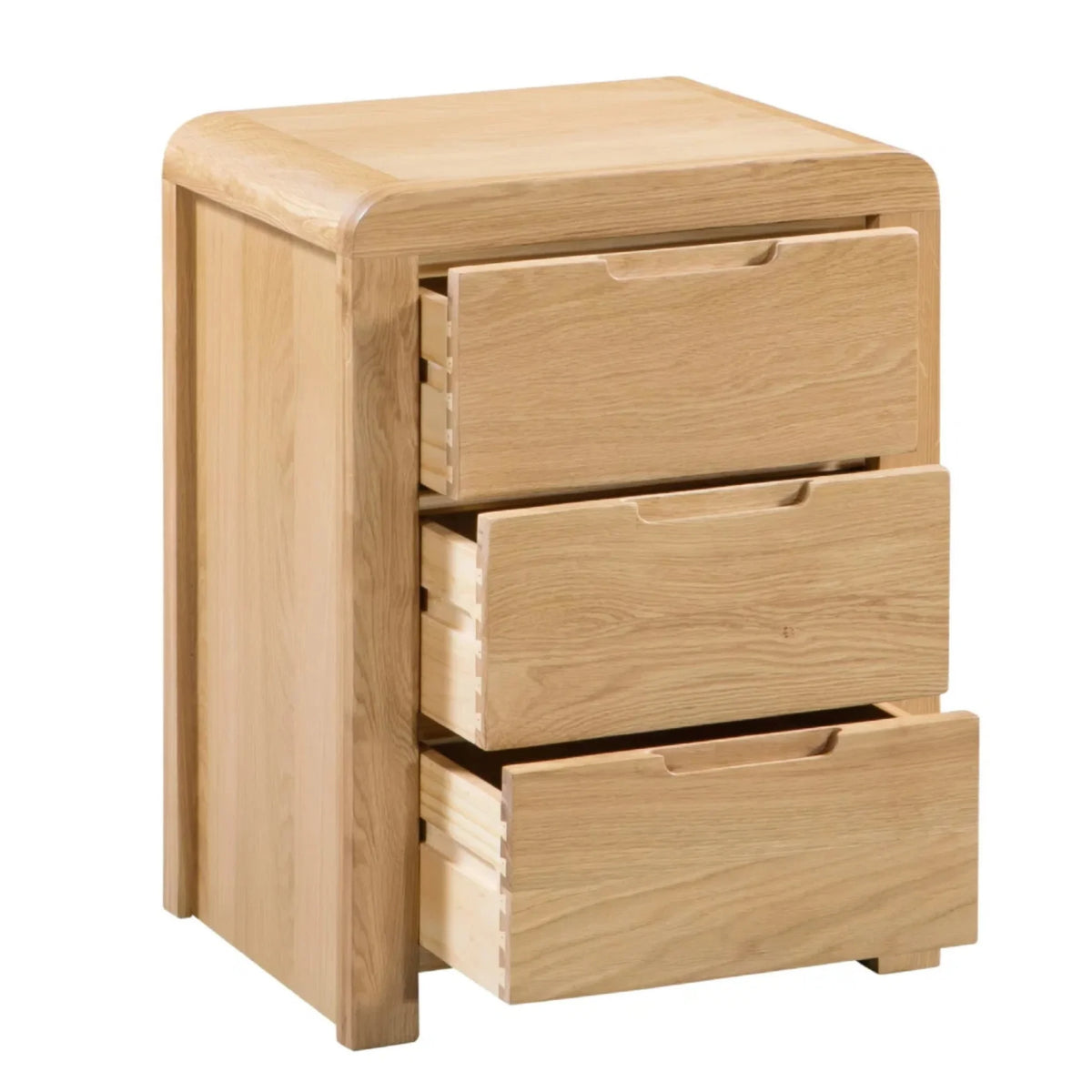 Curve Oak 3-Drawer Bedside Chest – angled view with open drawers